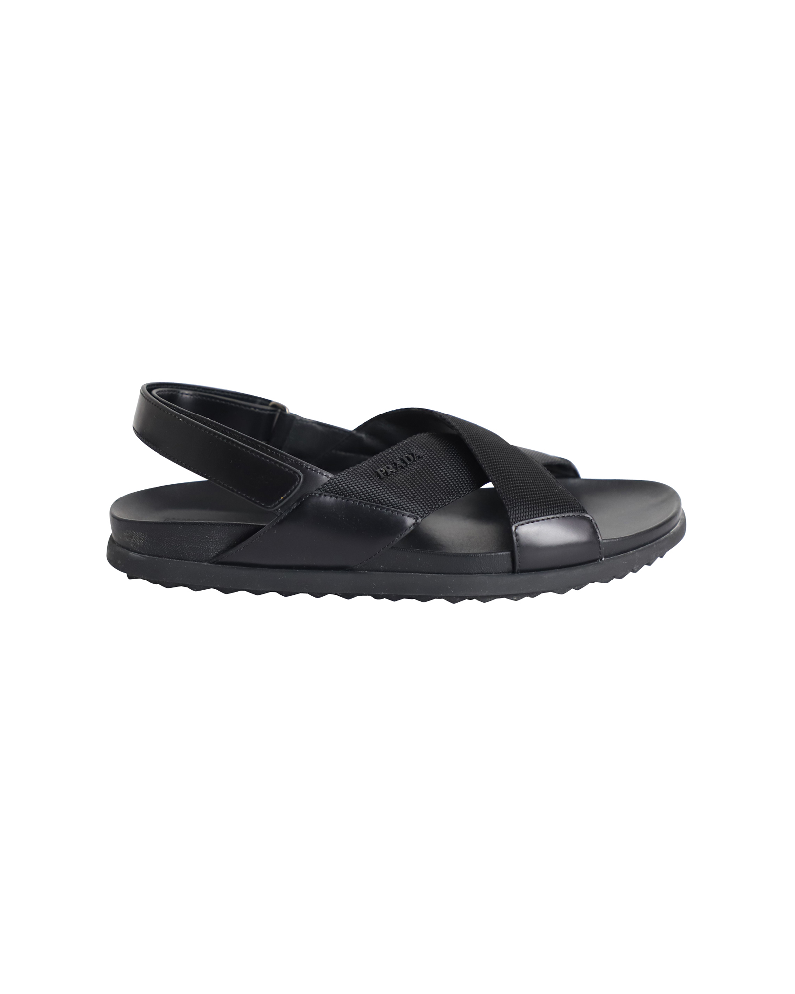 Prada Logo Rem Korsade Sandaler i Svart Läder