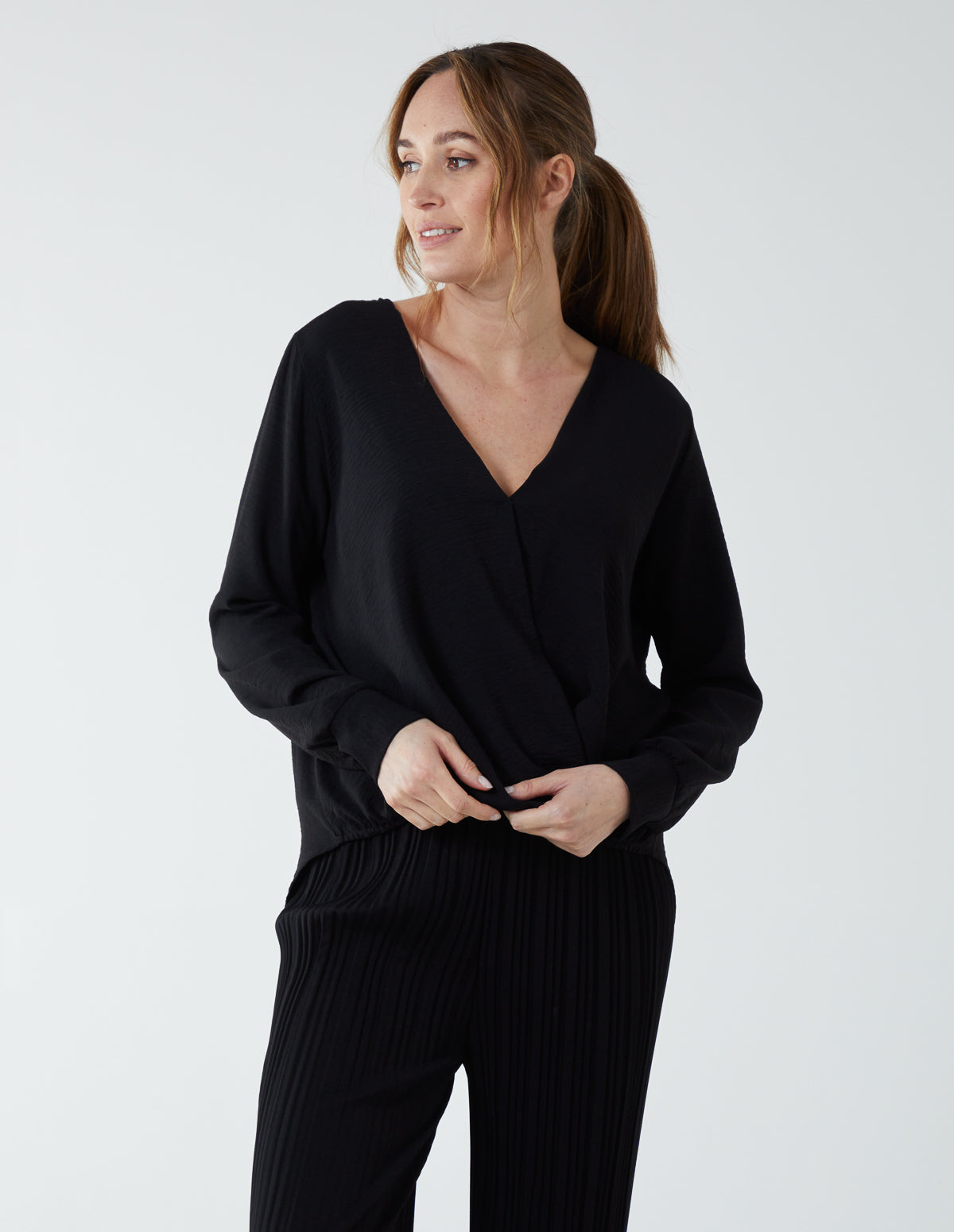 Blue Vanilla Womens Crossover Woven Plain Blouse - Black - Size Large