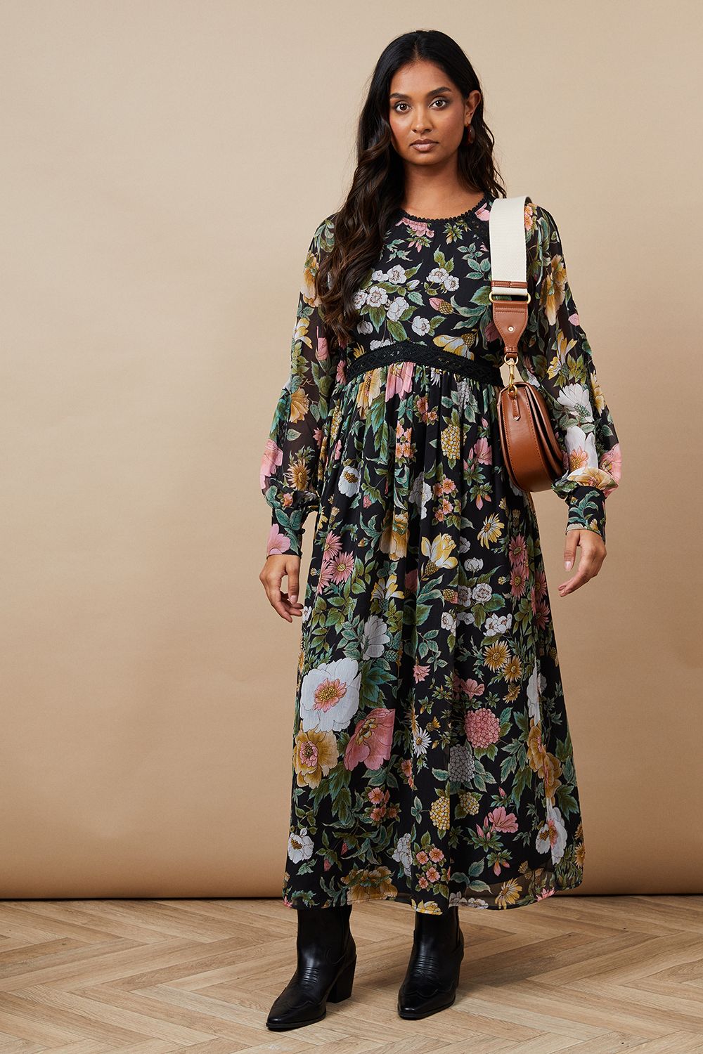 Oasis Womens Floral Chiffon Trim Insert Sleeve Midaxi Dress - Black - Size 8 UK