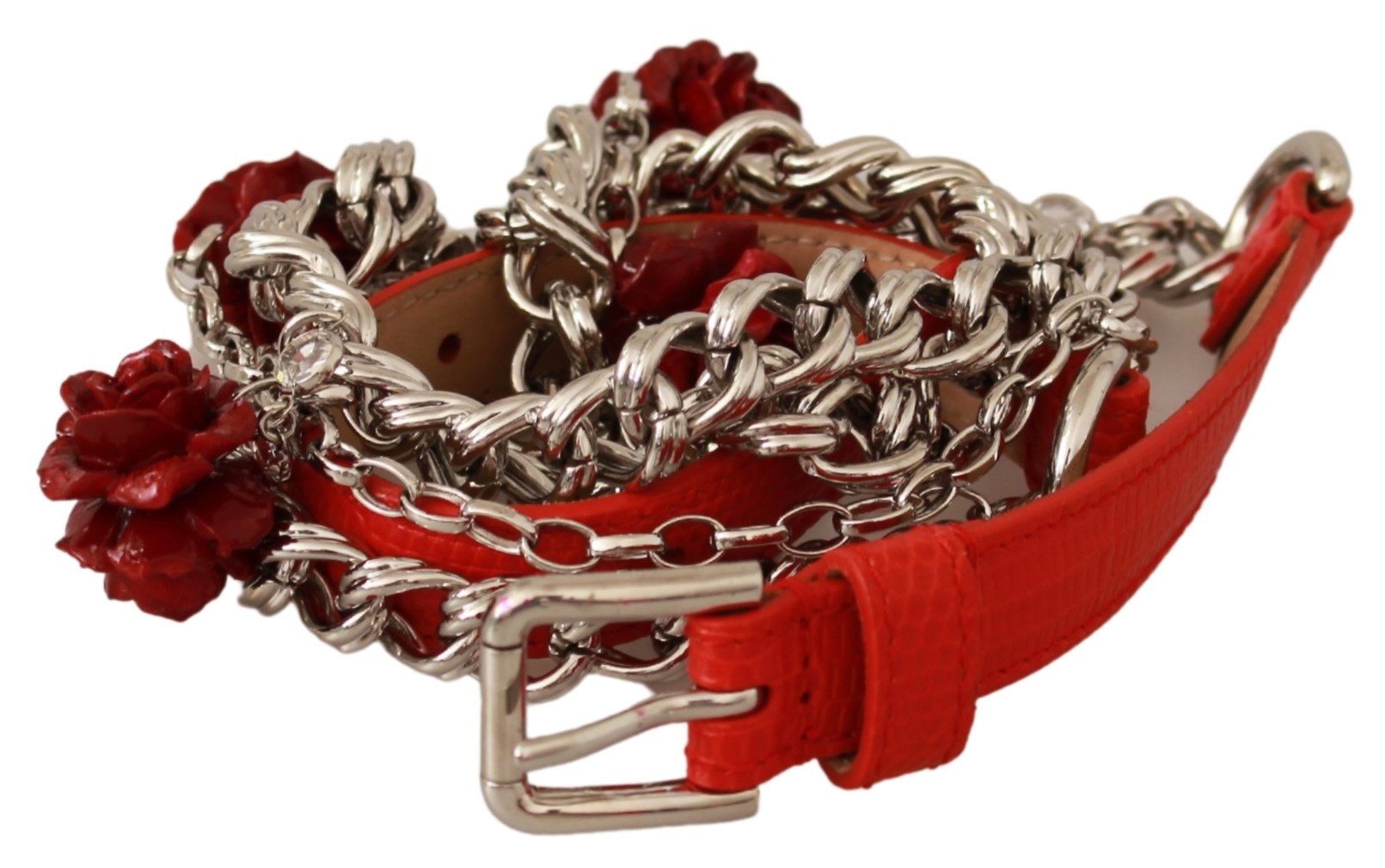 Dolce&Gabbana Röd Läder Rosor Blommig Silver Midjebälte dam – bild 2