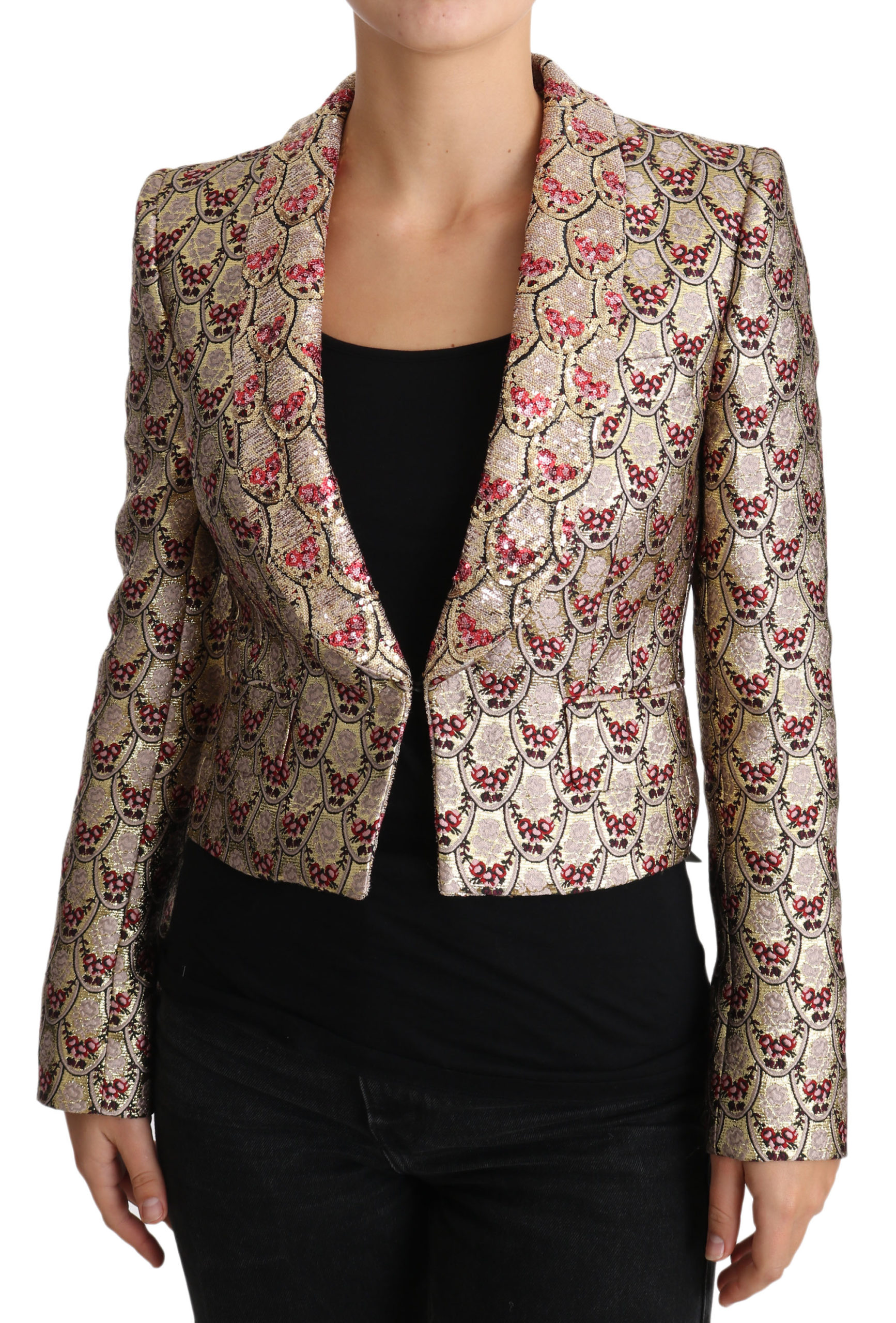 Dolce & Gabbana Womens Gold Floral Sequined Blazer Coat Jacket – Multicolour Nylon – Size X-Small