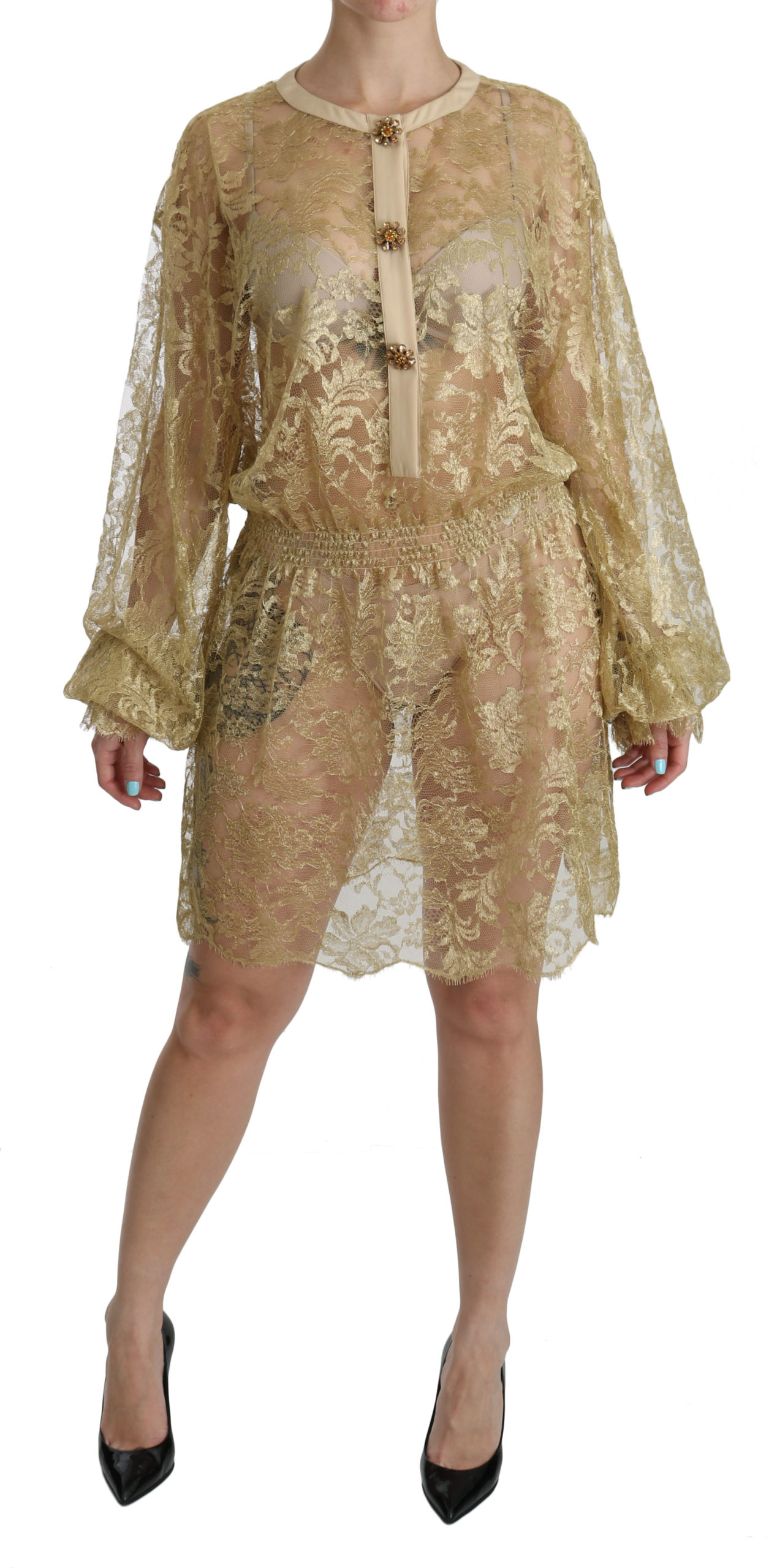 Dolce & Gabbana Womens Gold Lace See Through A-Line Knee Length Dress – Brown Cotton – Size Small