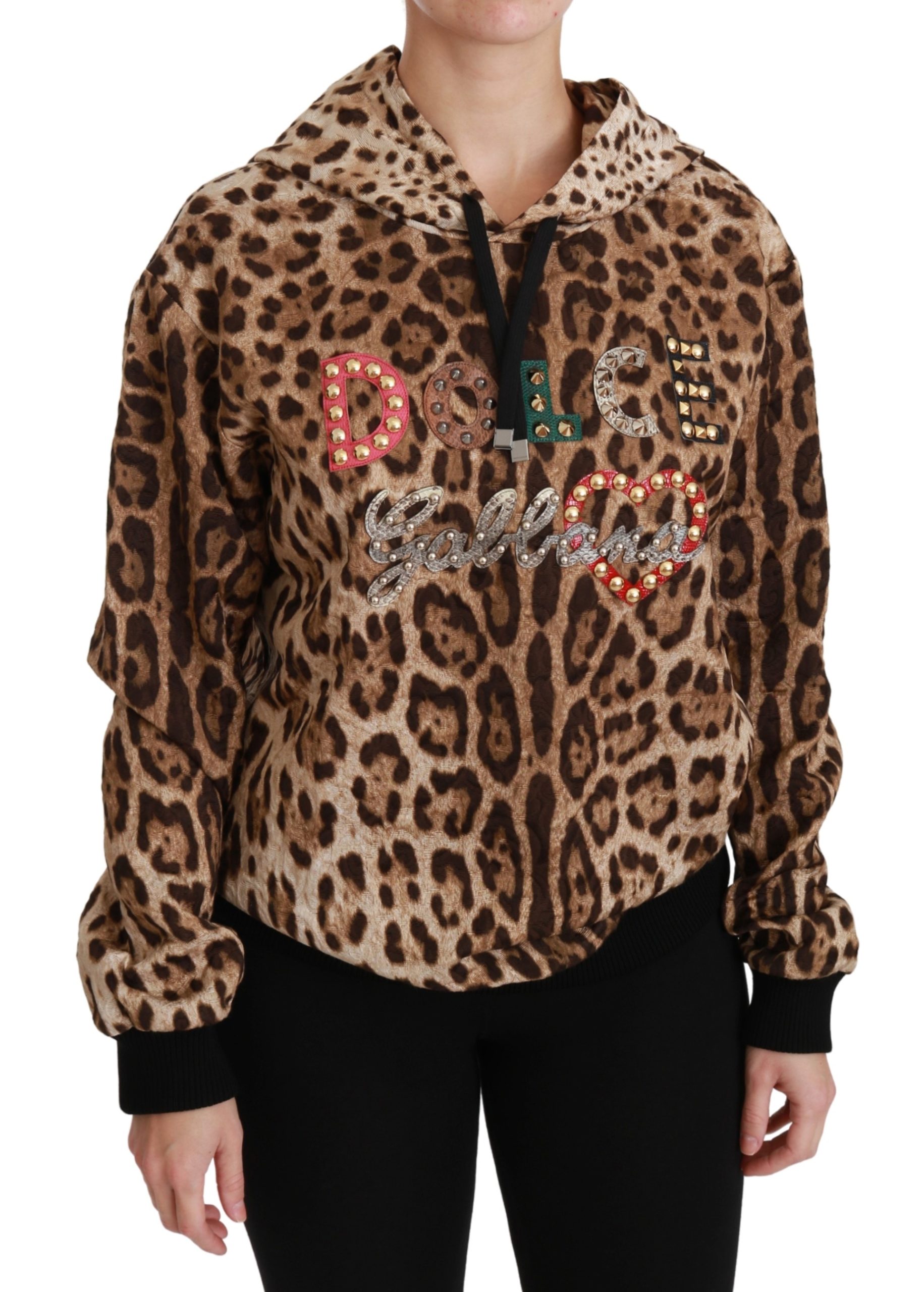 Dolce & Gabbana Womens Brown Hooded Studded Ayers Leopard Sweater – Multicolour Cotton – Size Medium
