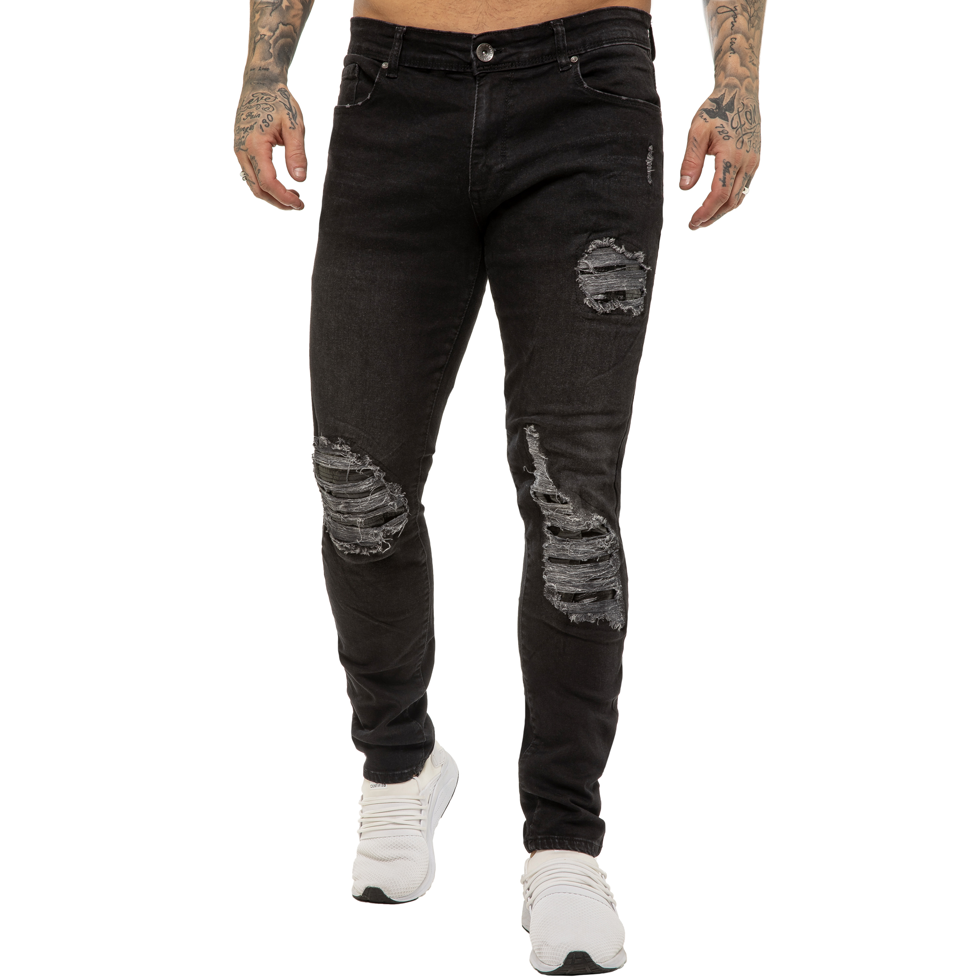 Enzo Mens Skinny Stretch Denim Jeans - Black Cotton - Size 30W/32L