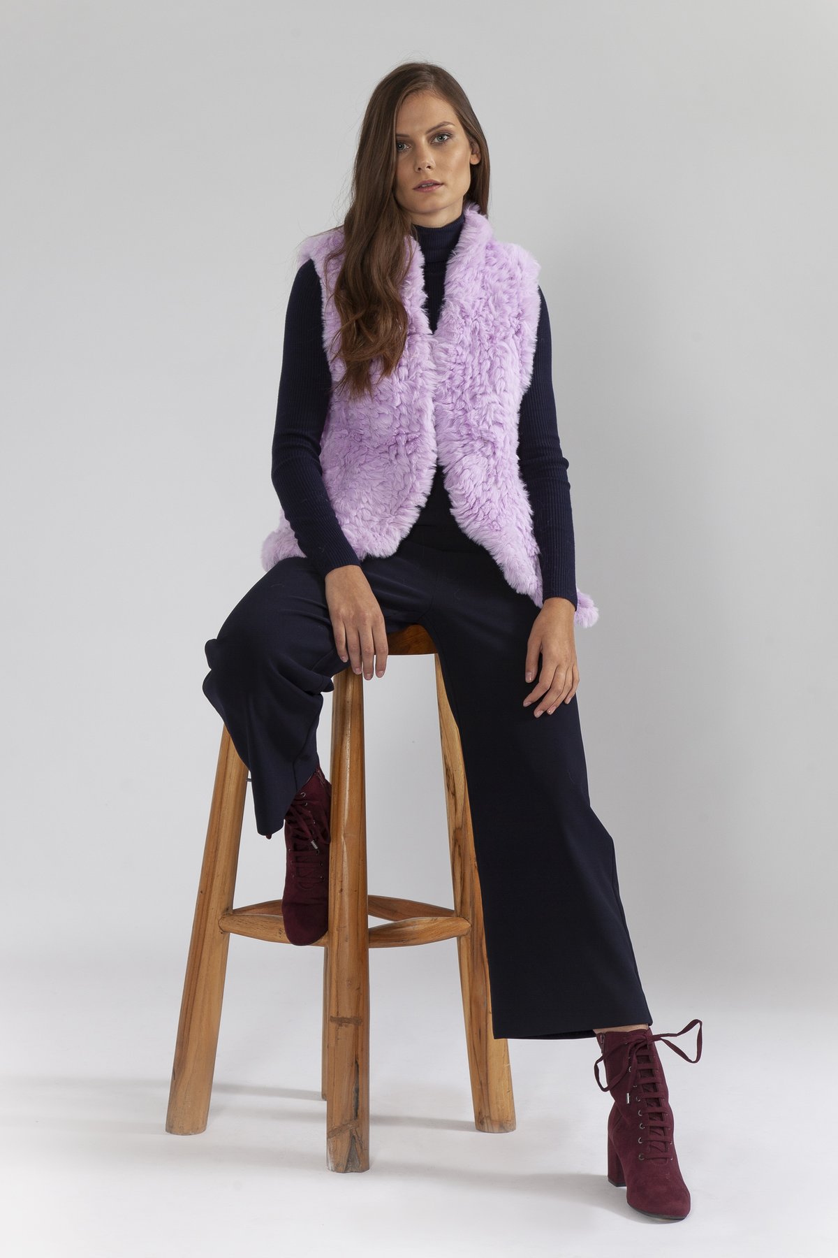 Jayley Womens Hand Knitted Faux Fur Gilet - Lilac - One Size