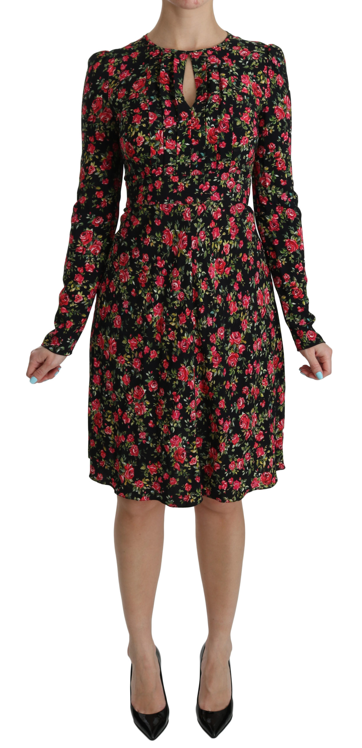 Dolce & Gabbana Womens Black Floral Longsleeve Knee Length Dress – Multicolour – Size X-Small
