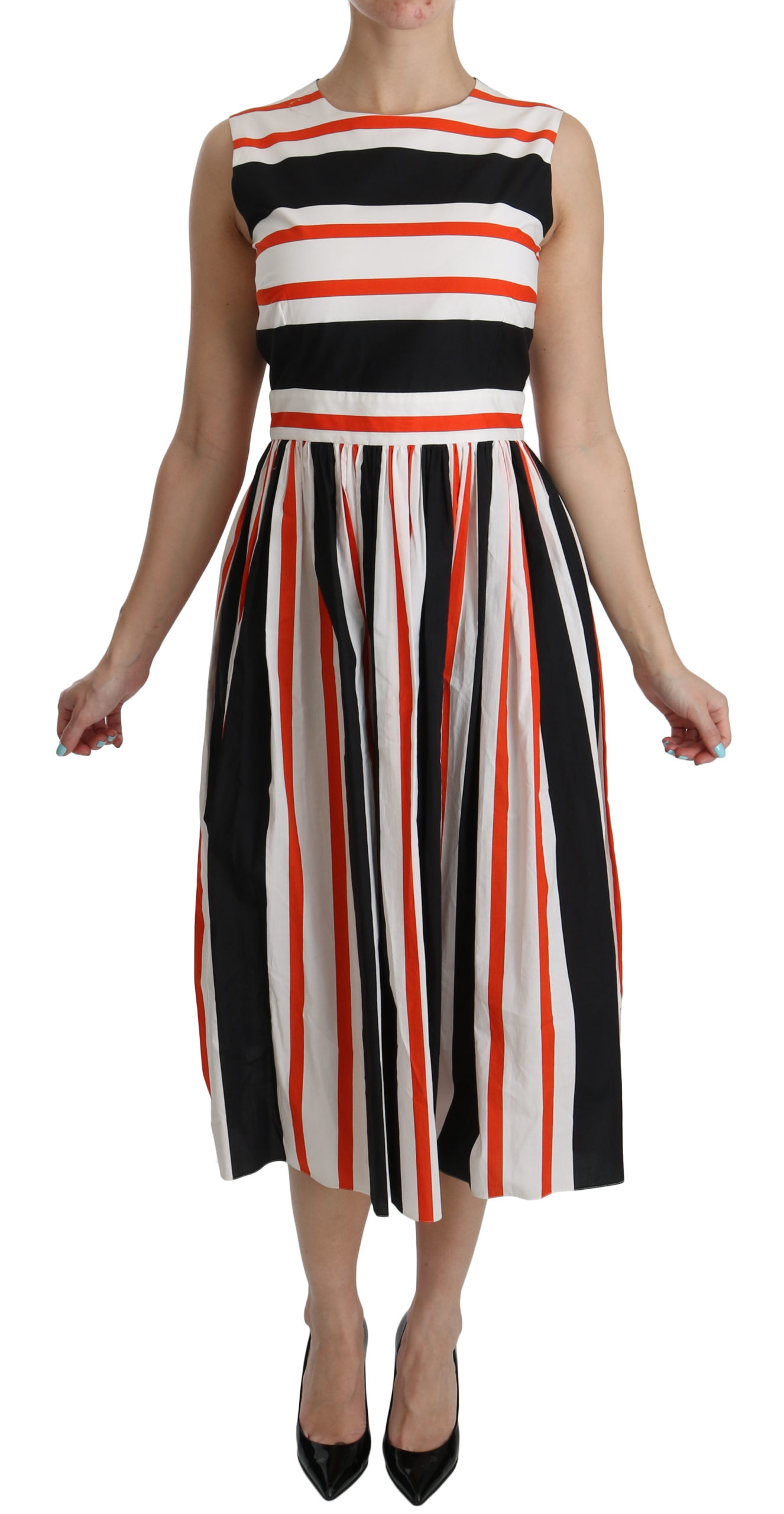 Dolce & Gabbana Womens Multicolor Stripes A-Line Pleated Midi Dress – Red Cotton – Size Large