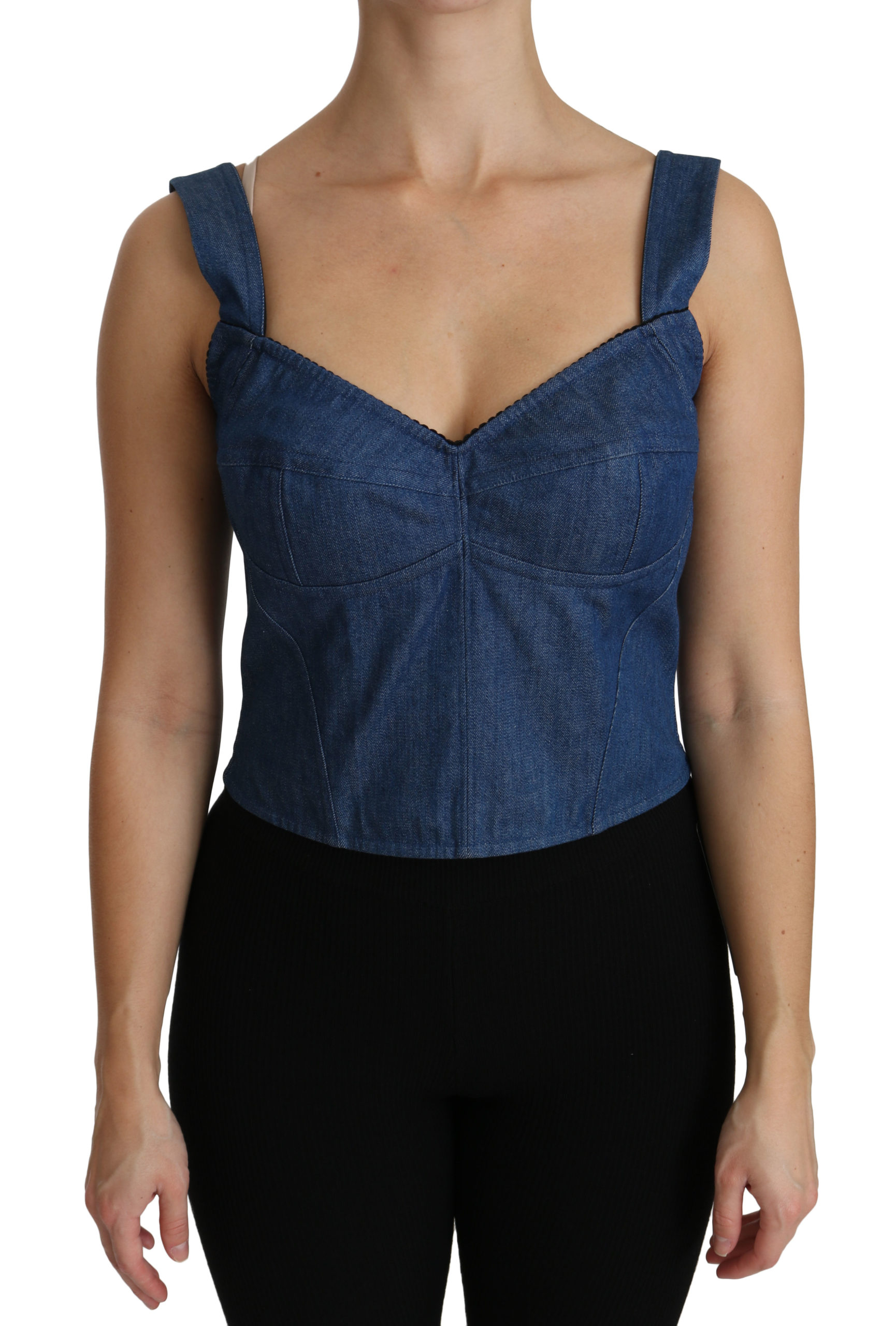 Dolce & Gabbana Womens Blue Sleeveless Bustier Blouse Cotton Top – Multicolour – Size X-Small
