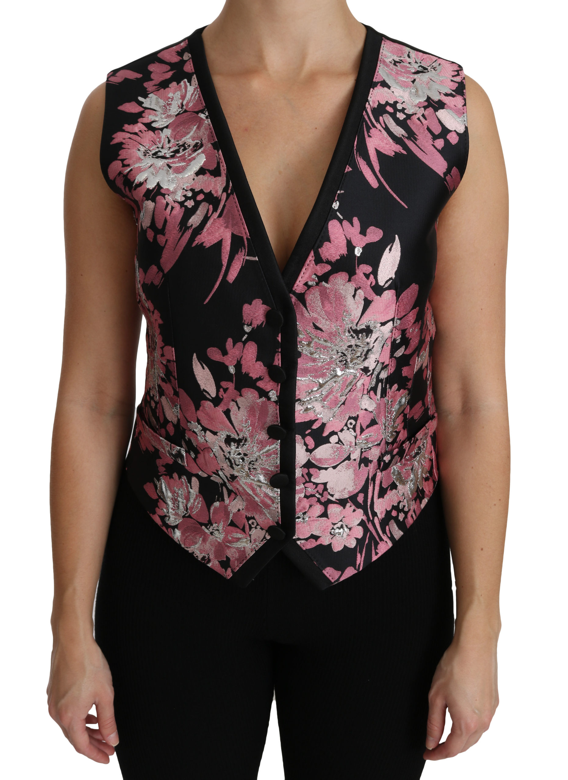 Thumbnail - Dolce & Gabbana Schwarzes Rosa Blumengemusterte Weste Bluse Top