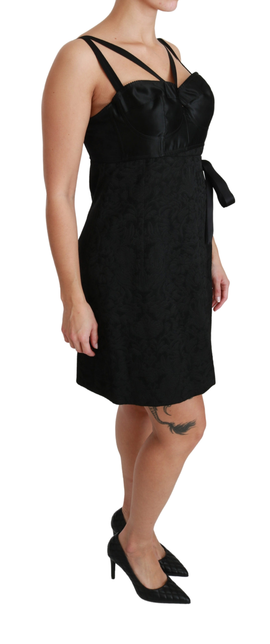 Svart Sträcksatin Jacquard Mini Klänning 2