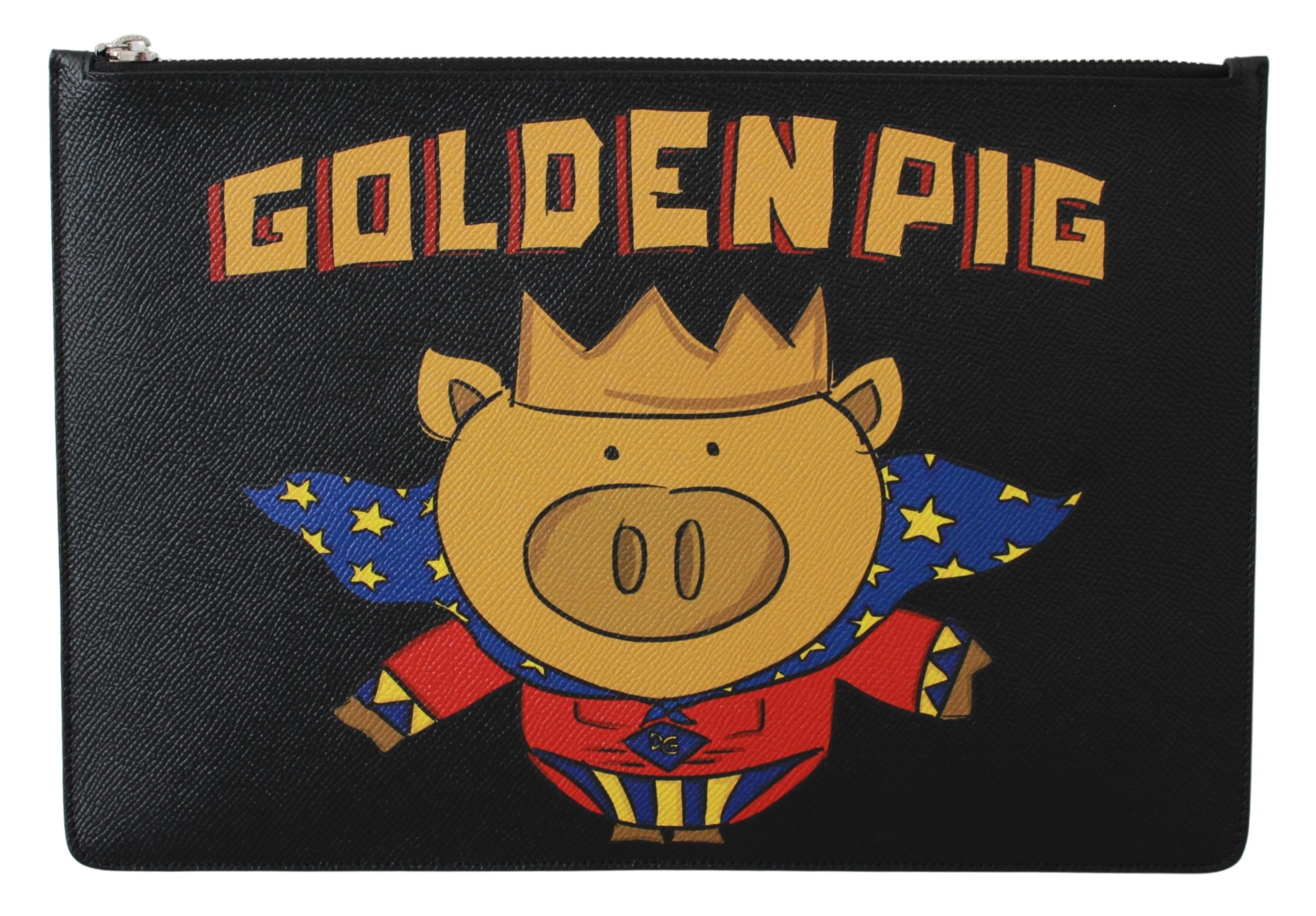 Thumbnail - Dolce & Gabbana Schwarzes Goldenes Schwein Leder Dokumententasche