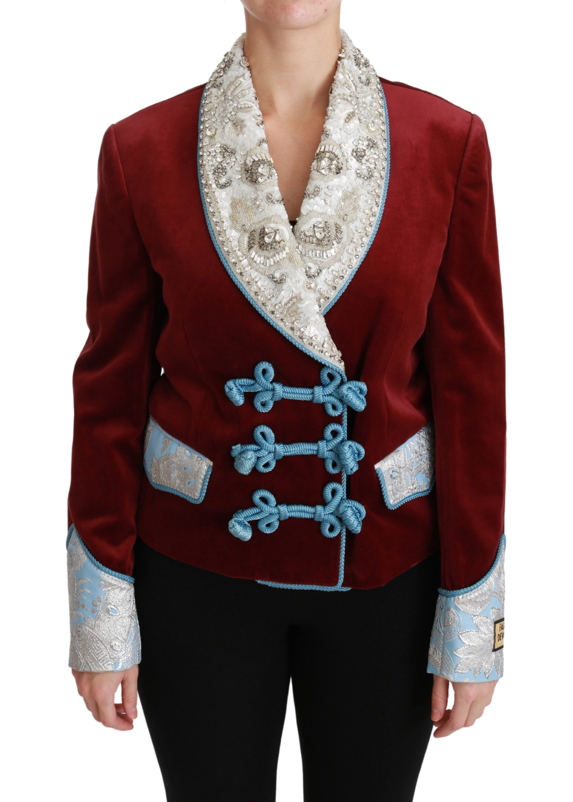 Dolce & Gabbana Womens Red Velvet Baroque Crystal Blazer Jacket – Multicolour Cotton – Size Large