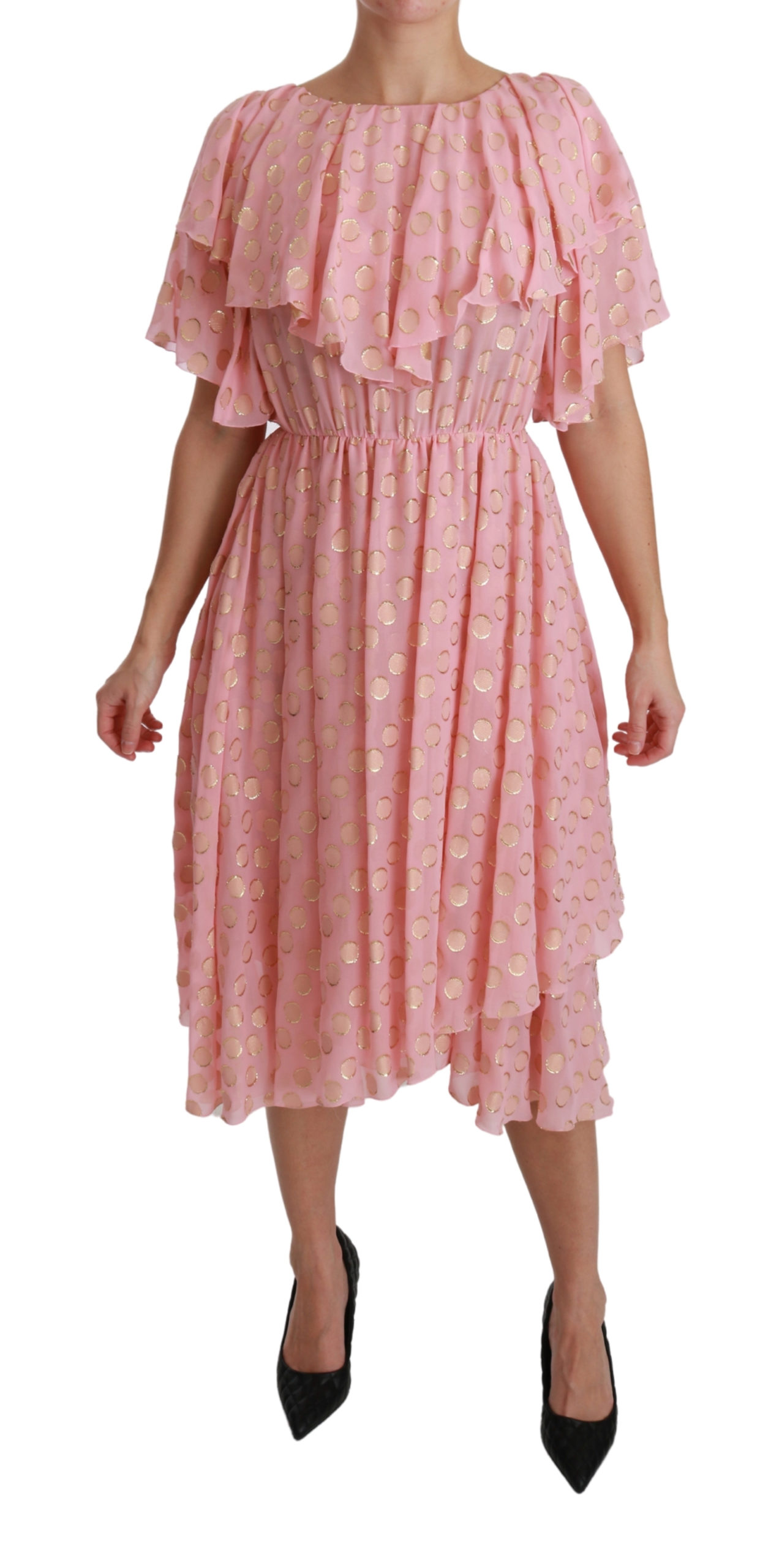 Dolce & Gabbana Womens Silk Pink Polka Dots Pleated A-line Midi Dress – Multicolour – Size Small