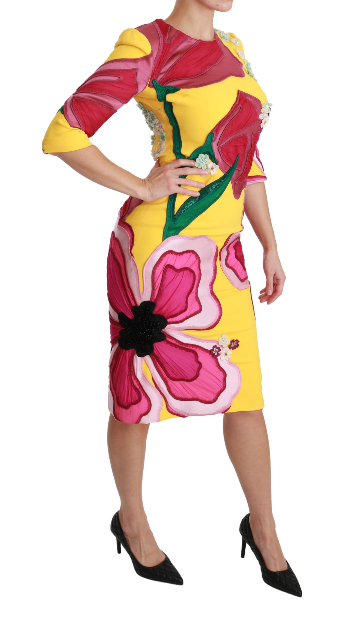 Gul Blommig Kristall Bodycon Klänning 2