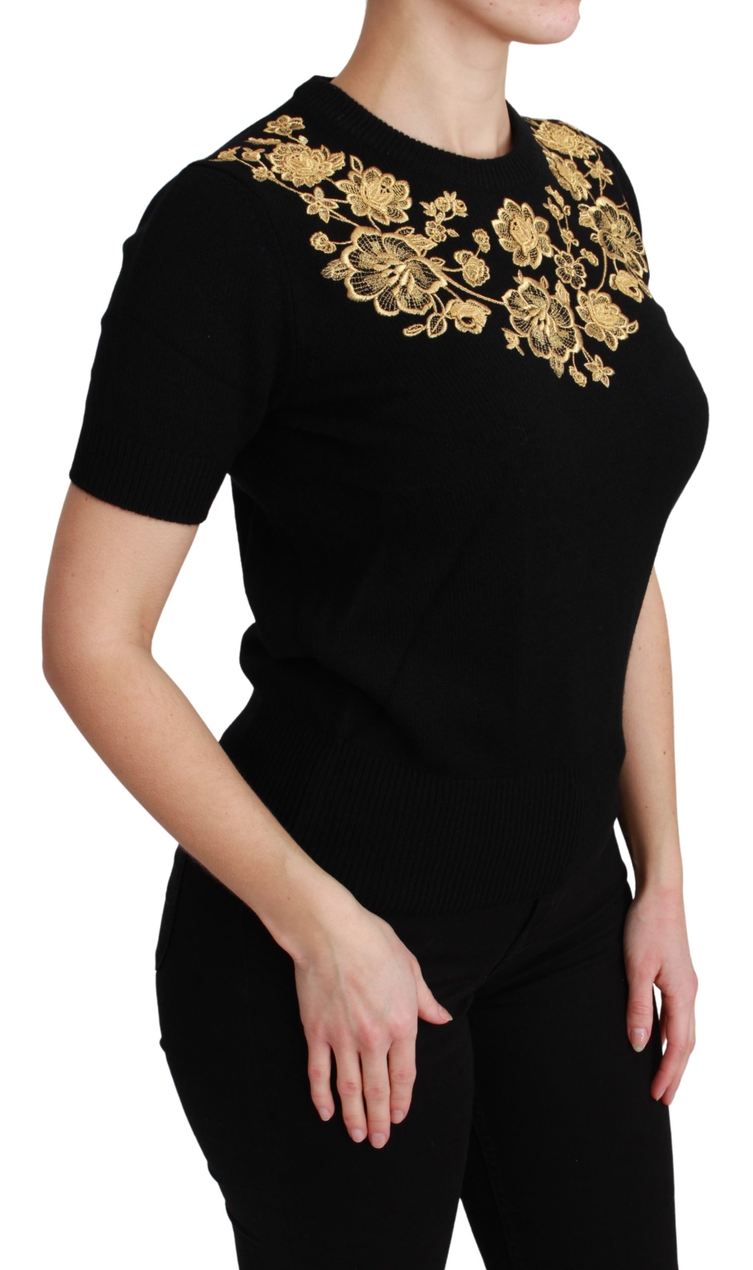 Dolce&Gabbana Svart Kasmir Guld Blommig Tröja Top dam – bild 2