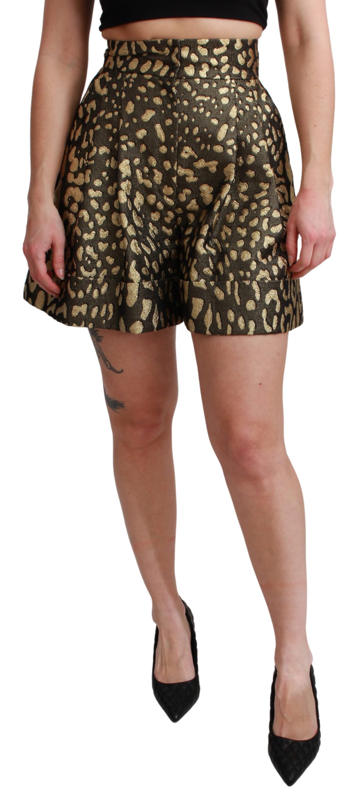Svartguldiga Mini-Bomullsshorts med Hög Midja