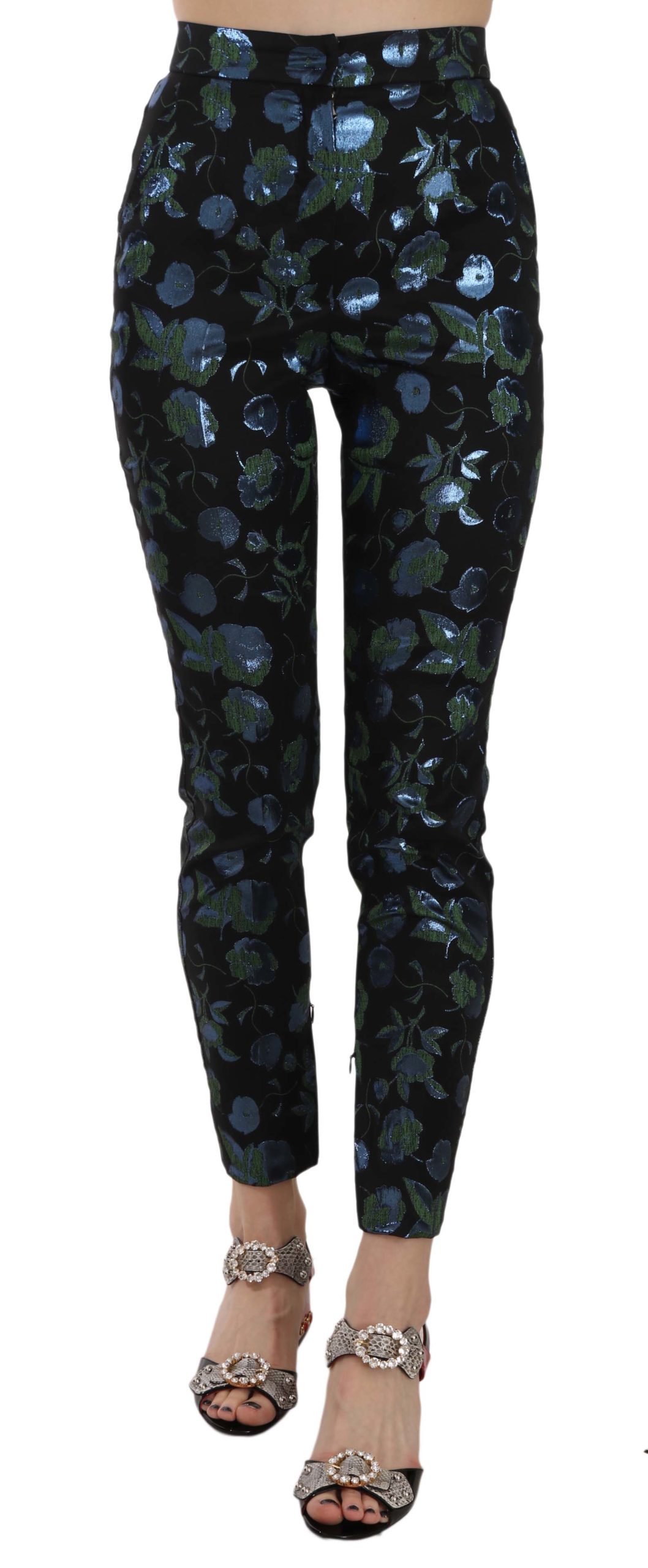 Dolce & Gabbana Pantalon Slim Métallique à Fleurs Bleu Vert pour Femme