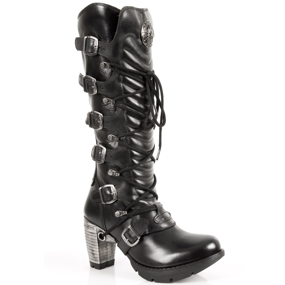 New Rock Womens Ladies Black Buckle Laced Knee-High Boots- TR004-S1 Leather – Size EU 38