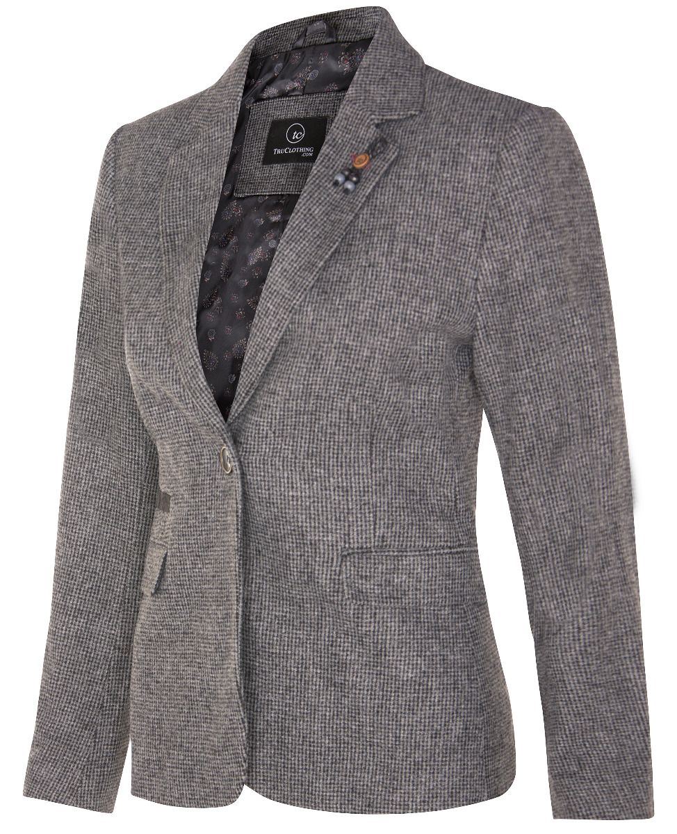 TruClothing Dam Tweed 1920-tal Fiskbensmönstrad Grå Blazer – bild 2