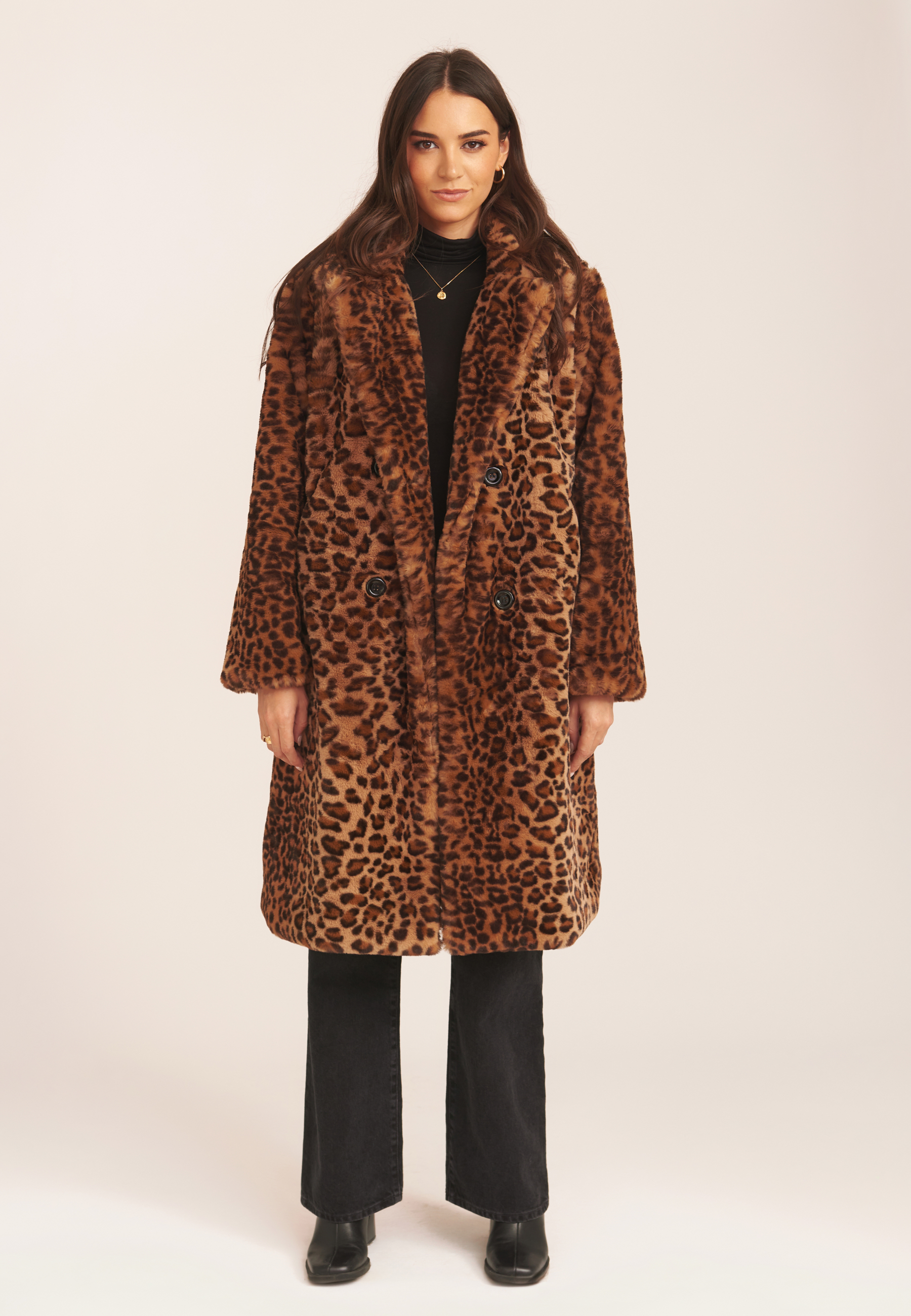 Gini London Leopard Dubbelknäppt Lång Pälsjacka dam – bild 2