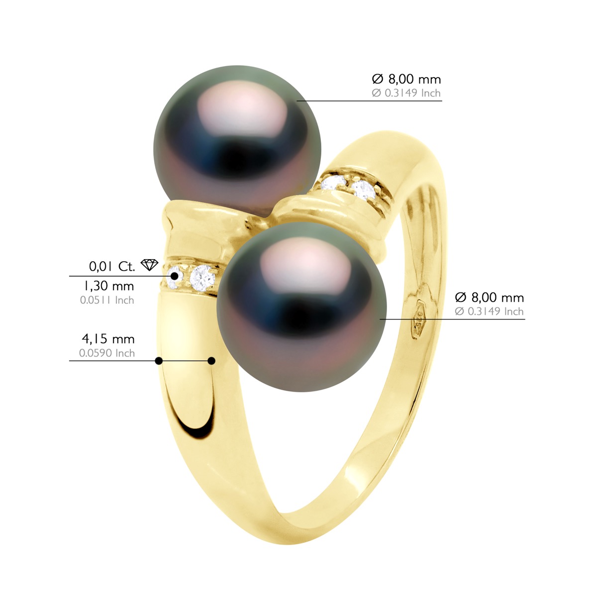 Ateliers Saint Germain Ring You & Me Diamonds 0,06 Cts 2 äkta odlade Tahitipärlor runda 8-9 mm gult guld dam – bild 2