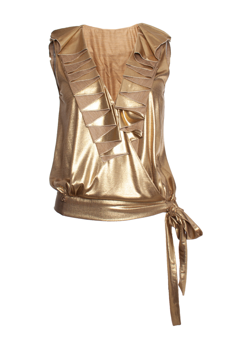 Chanel Pre-owned Womens Gold top with ruffles and bow – Size Small