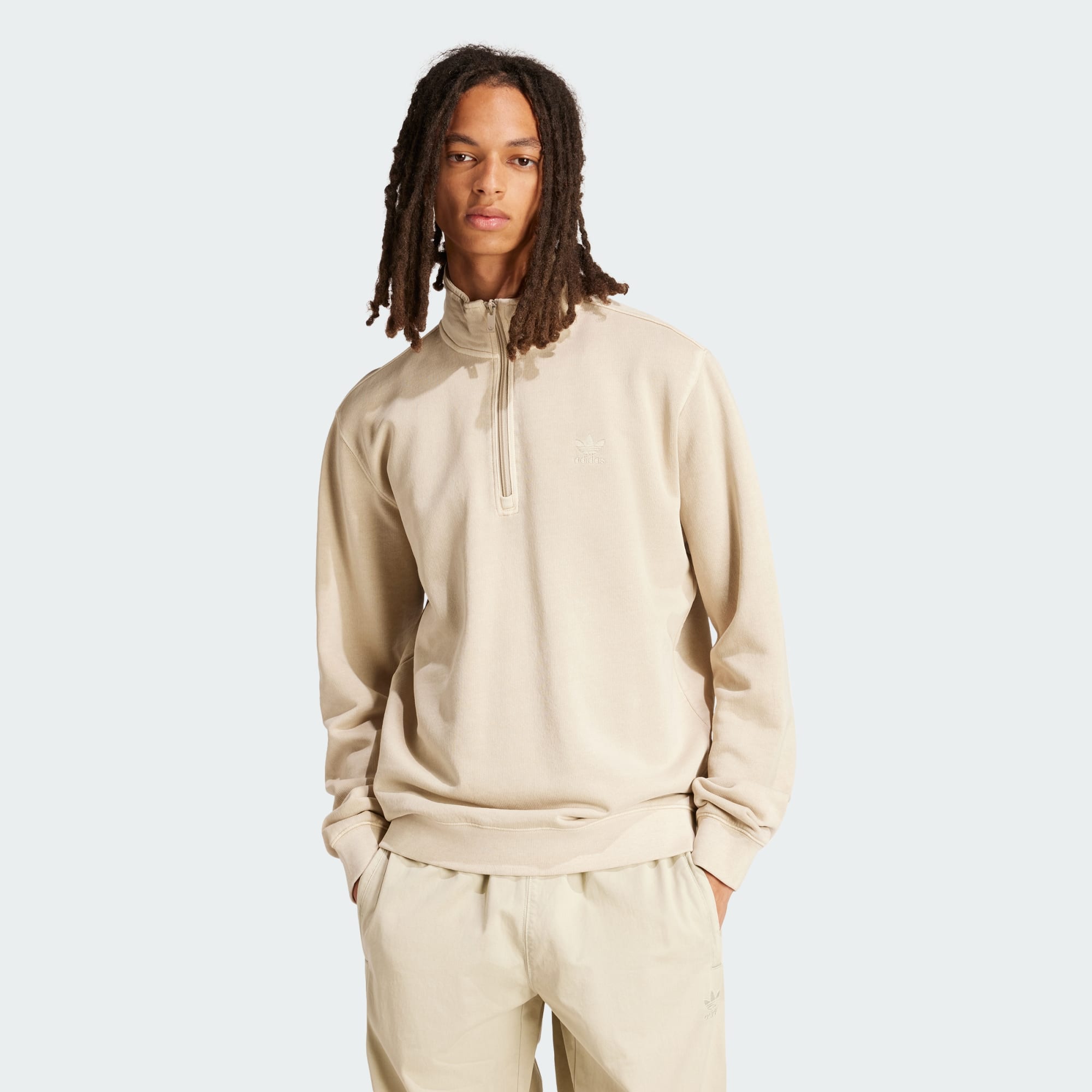 adidas Originals Mens Trefoil Essentials+ Dye Half Zip Crew Sweatshirt - Beige Cotton - Size X-Small