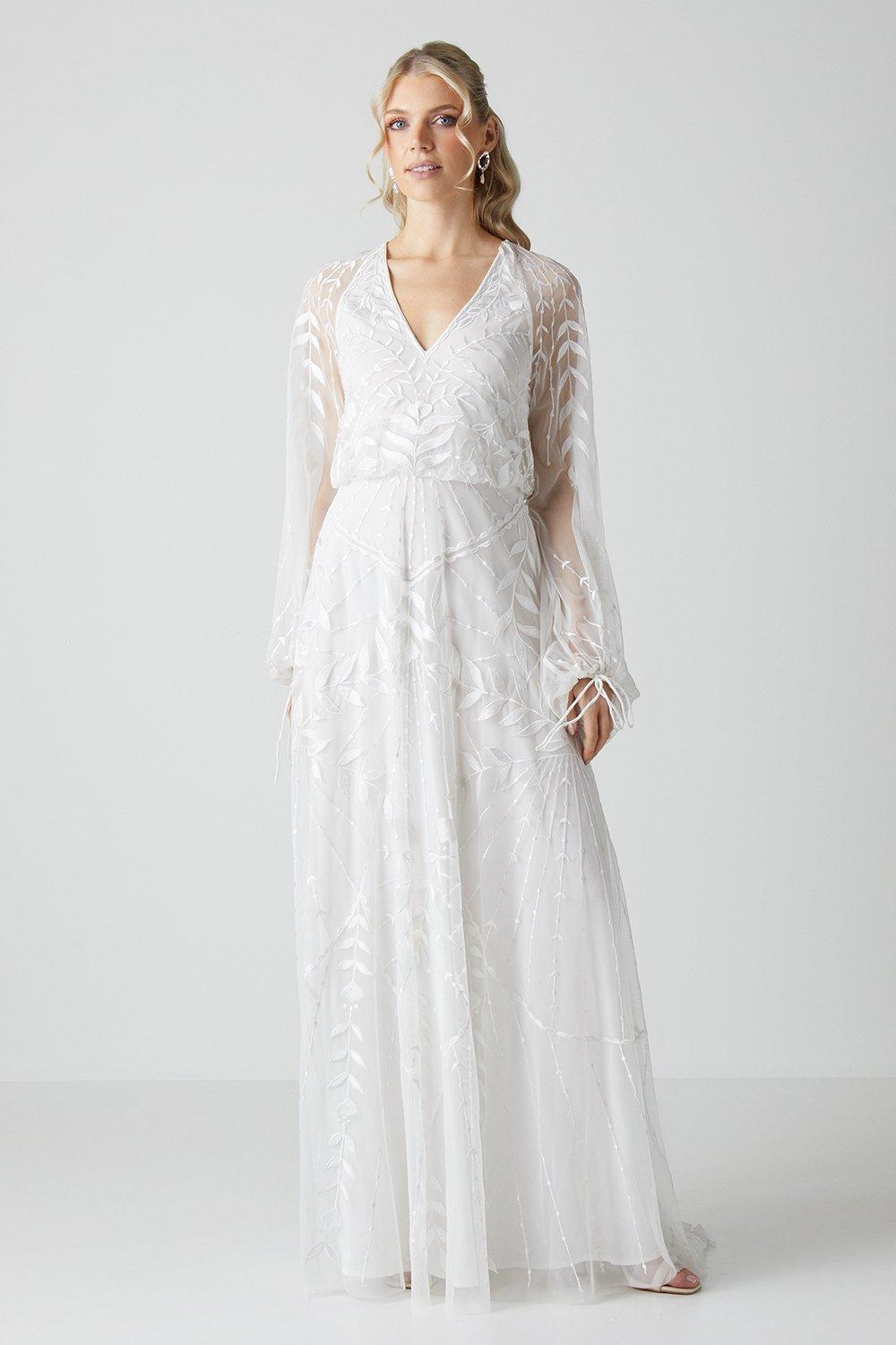 Boho Embroidered Blouson Sleeve Wedding Dress