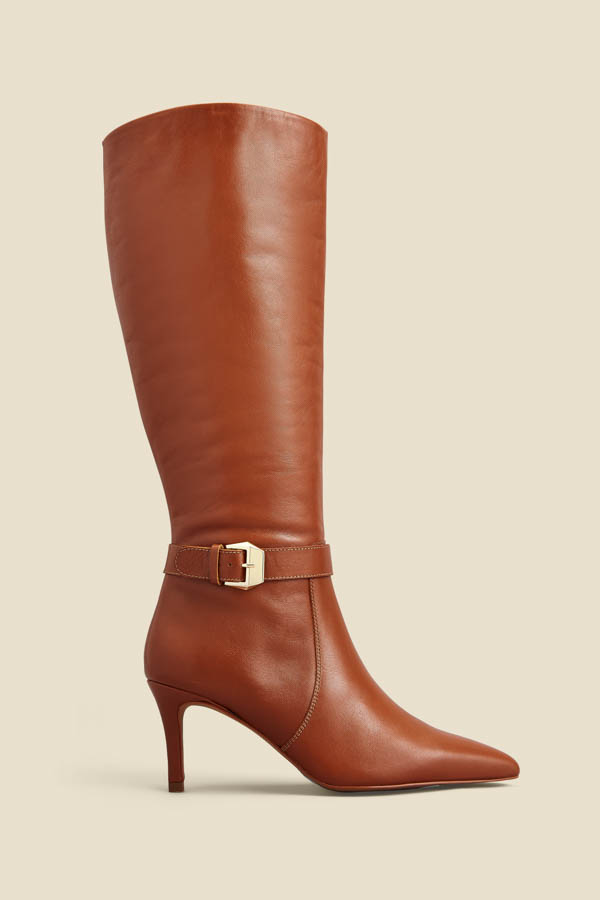 Sosandar Womens Tan Leather Buckle Detail Stiletto Heel Knee High Boots – Brown – Size UK 7