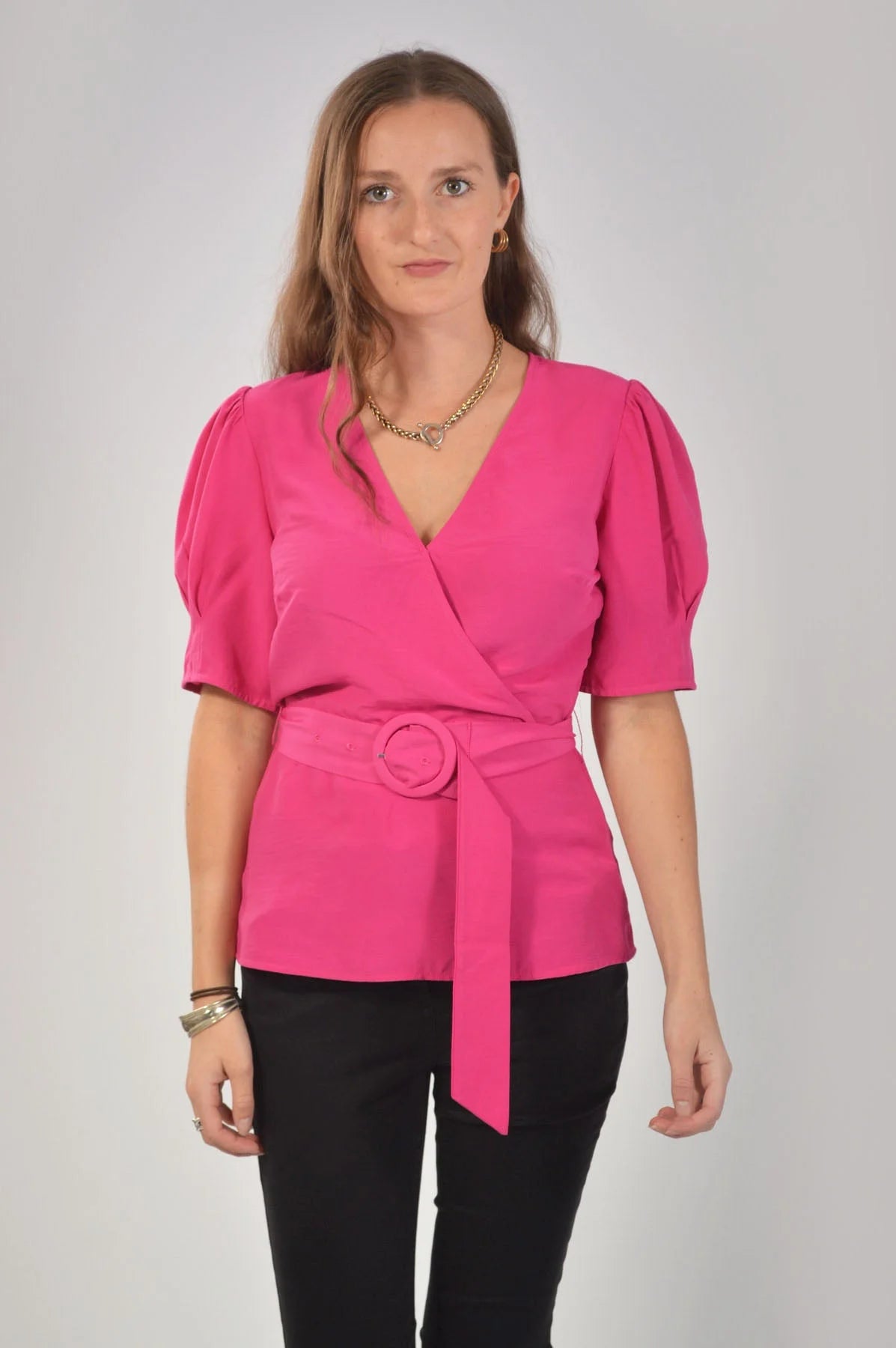 Warehouse Womens Pink V Neck Puff Sleeve Blouse Viscose - Size 8 UK