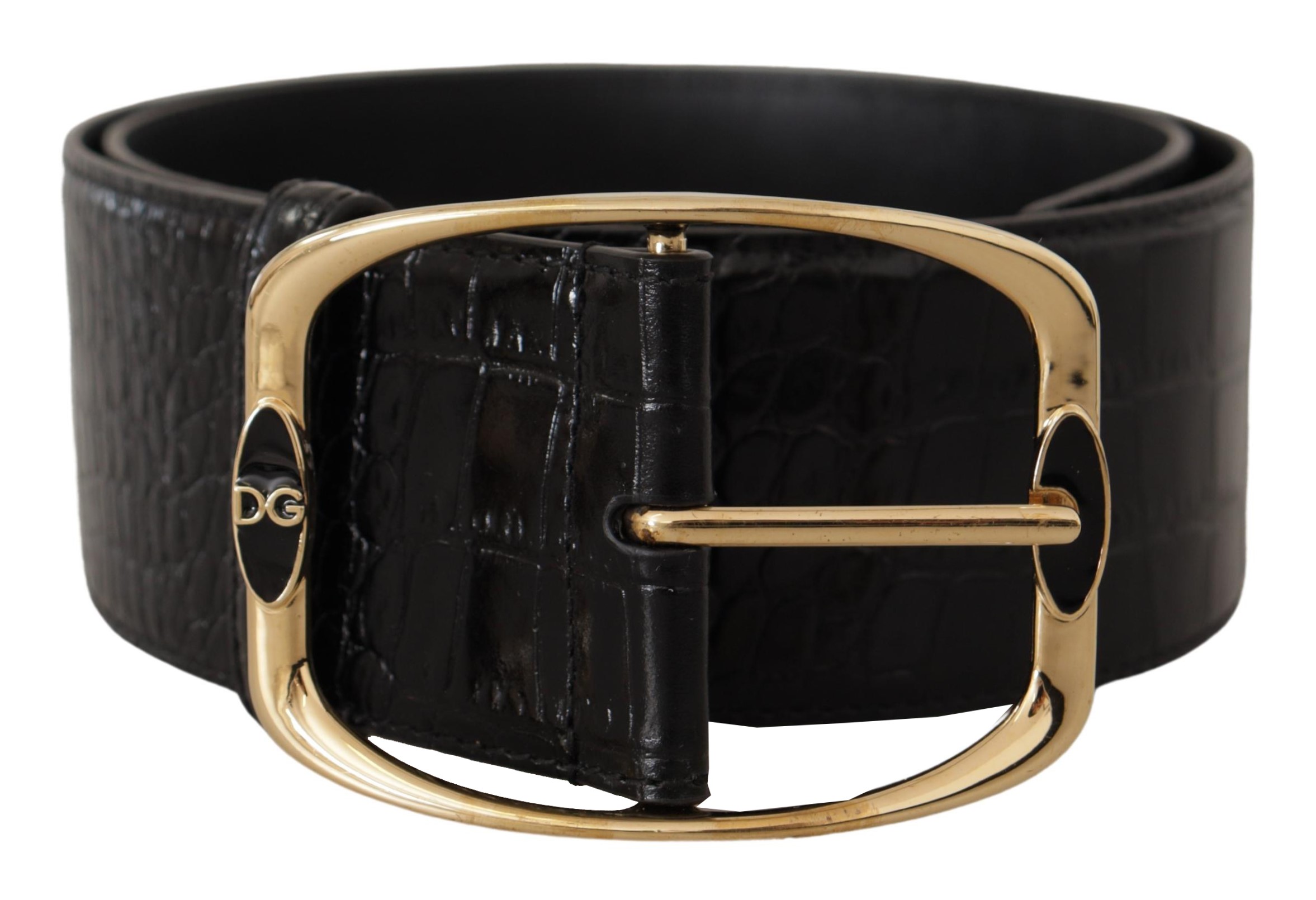 Dolce & Gabbana WoMens Black Crocodile Print Gold Metal DG Logo Buckle Belt Leather - Size 75 cm