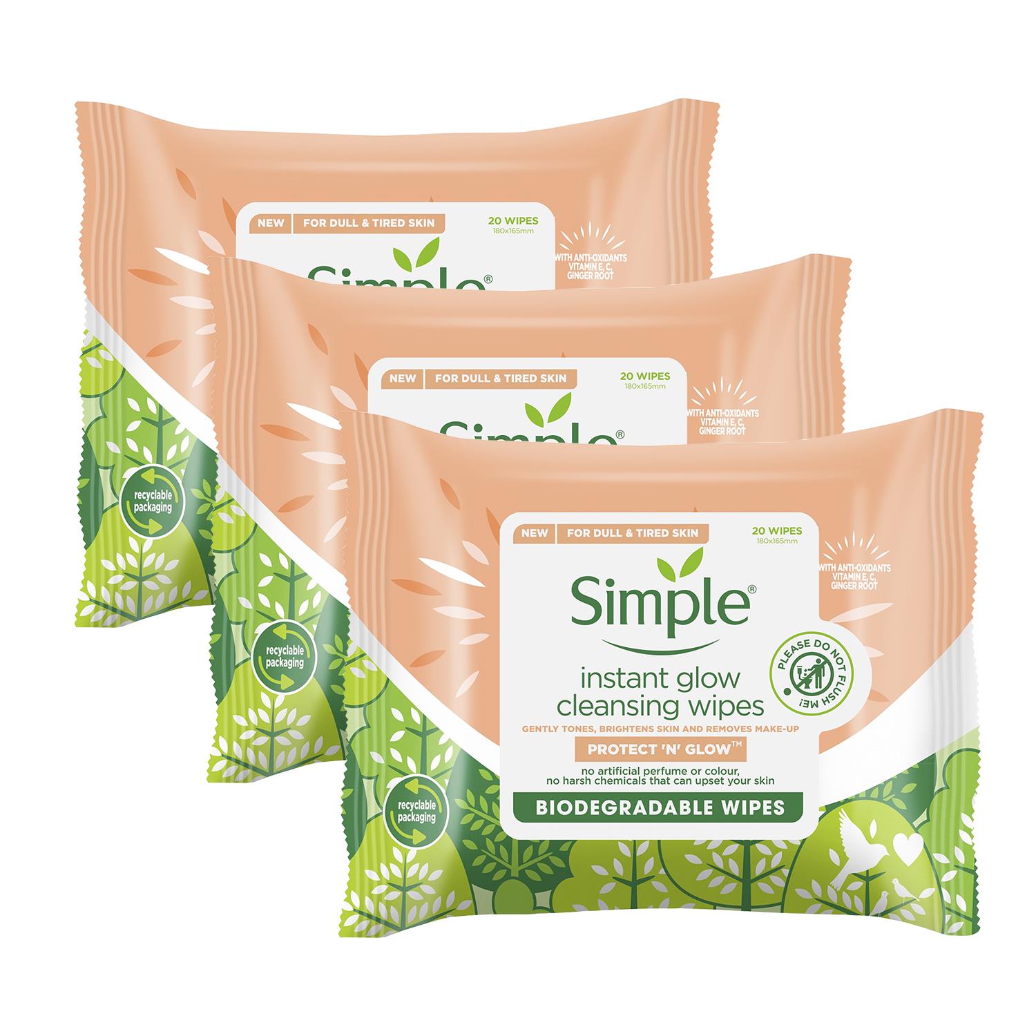 Simple Protect 'N' Glow Instant Cleansing Wipes for Dull & Tired Skin, 3 Pack - Blue - One Size