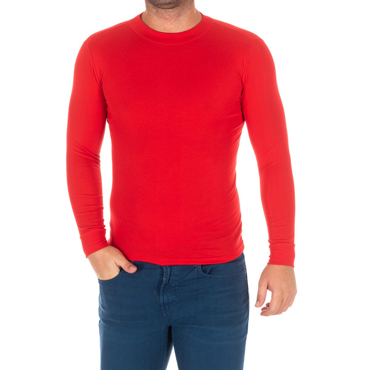 Kisses&Love Mens Long-sleeved T-shirt with half-high collar 1625-H man - Red - Size Small