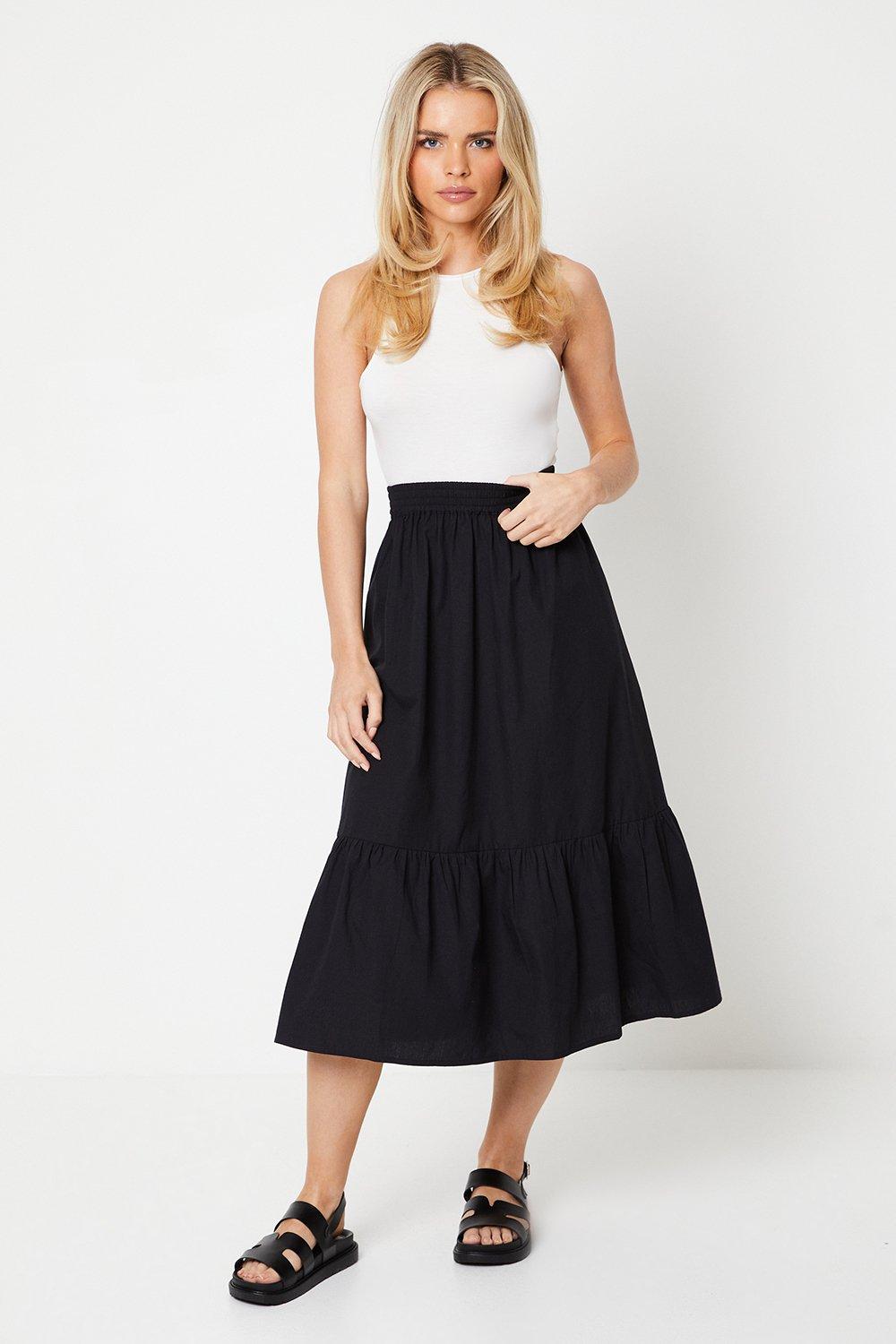 Oasis Womens Petite Poplin Midi Skirt - Black Cotton - Size 8 Uk