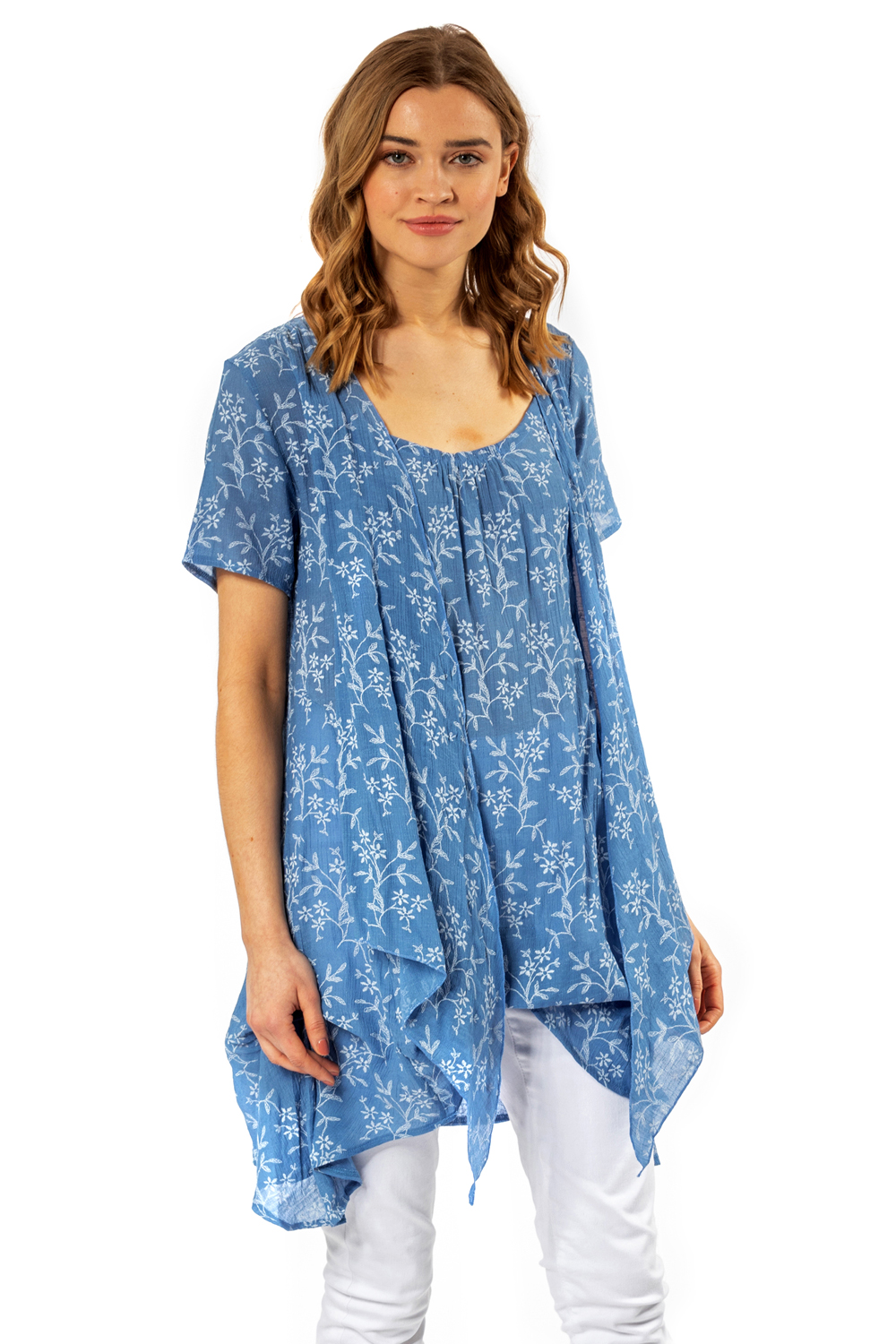 Roman Womens Floral Print Crinkle Tunic Top - Sky Blue - Size 10 UK