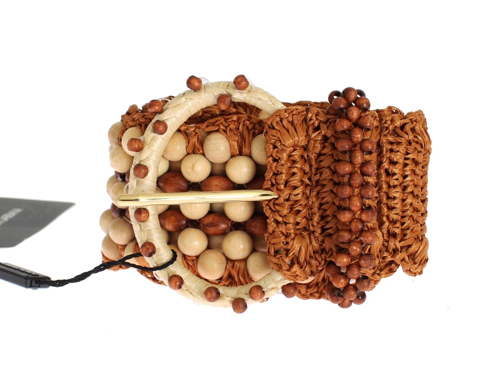 Dolce & Gabbana WoMens Brown Raffia Wood Beaded Wide Waist Belt Viscose - Size 65 cm