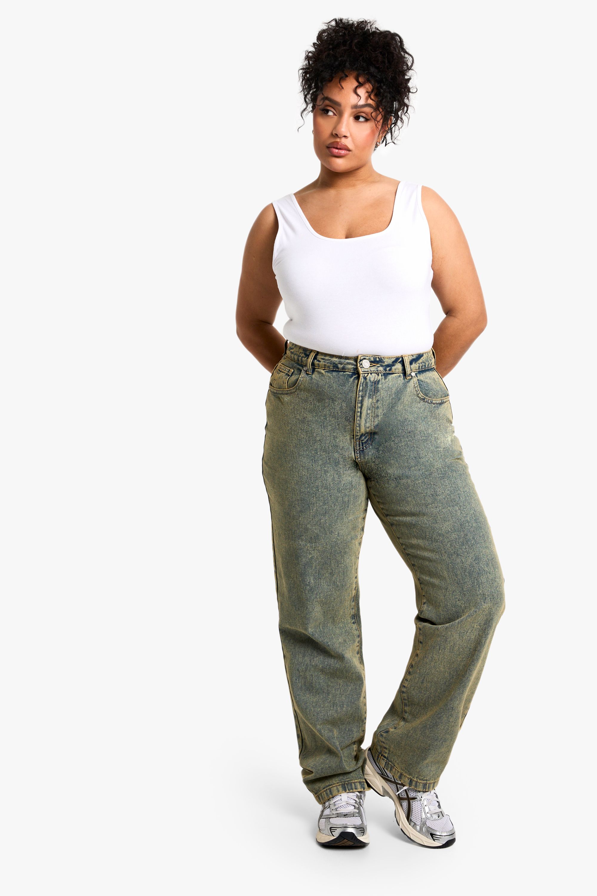 Boohoo Womens Plus Basics High Waisted Straight Leg Jeans - Sand Cotton - Size 18 UK