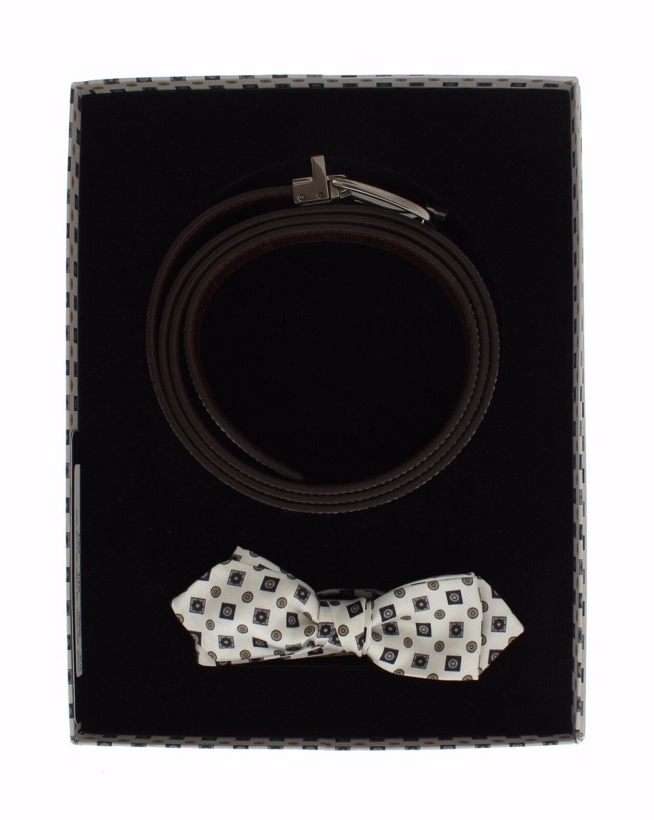 Dolce & Gabbana Mens White Silk Bowtie Leather Belt Gift Box - Size 115 cm