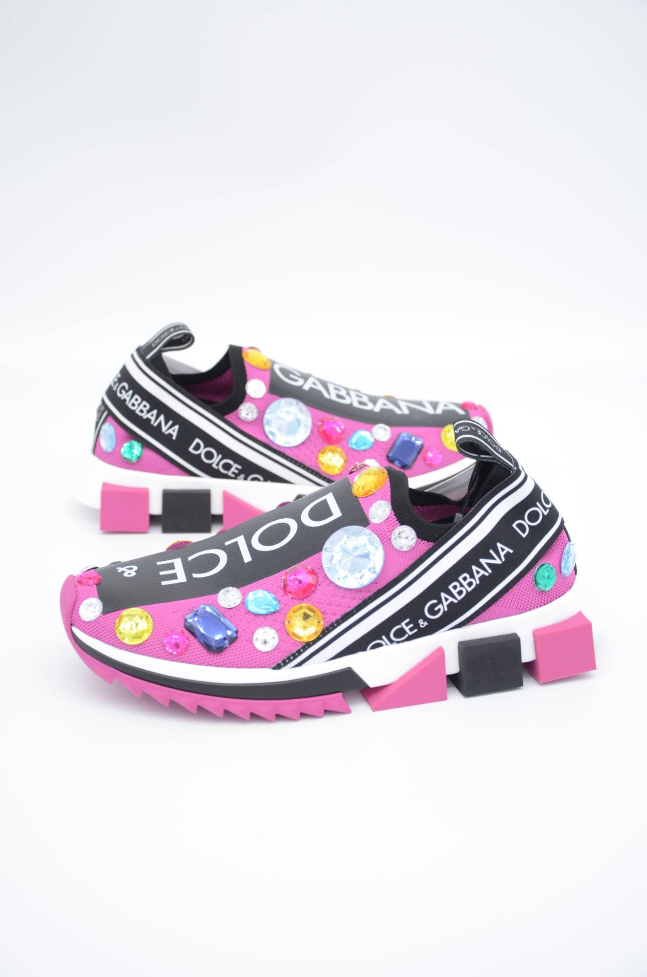 Thumbnail - Dolce & Gabbana Pink Black Crystal Womens Sneakers Shoes