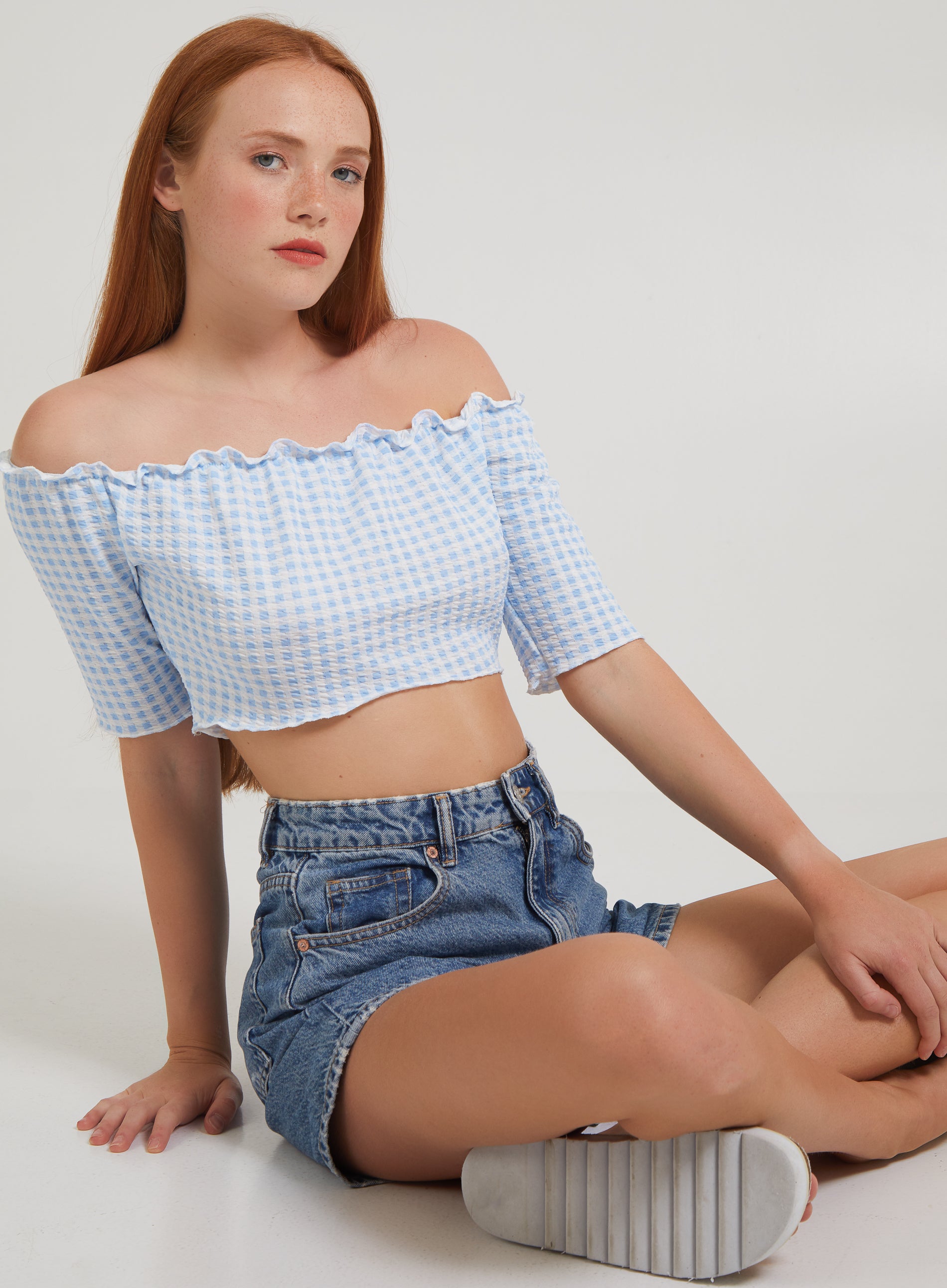 Pink Vanilla Women's Frill Detail Gingham Bardot Top in Blue | Size: Large