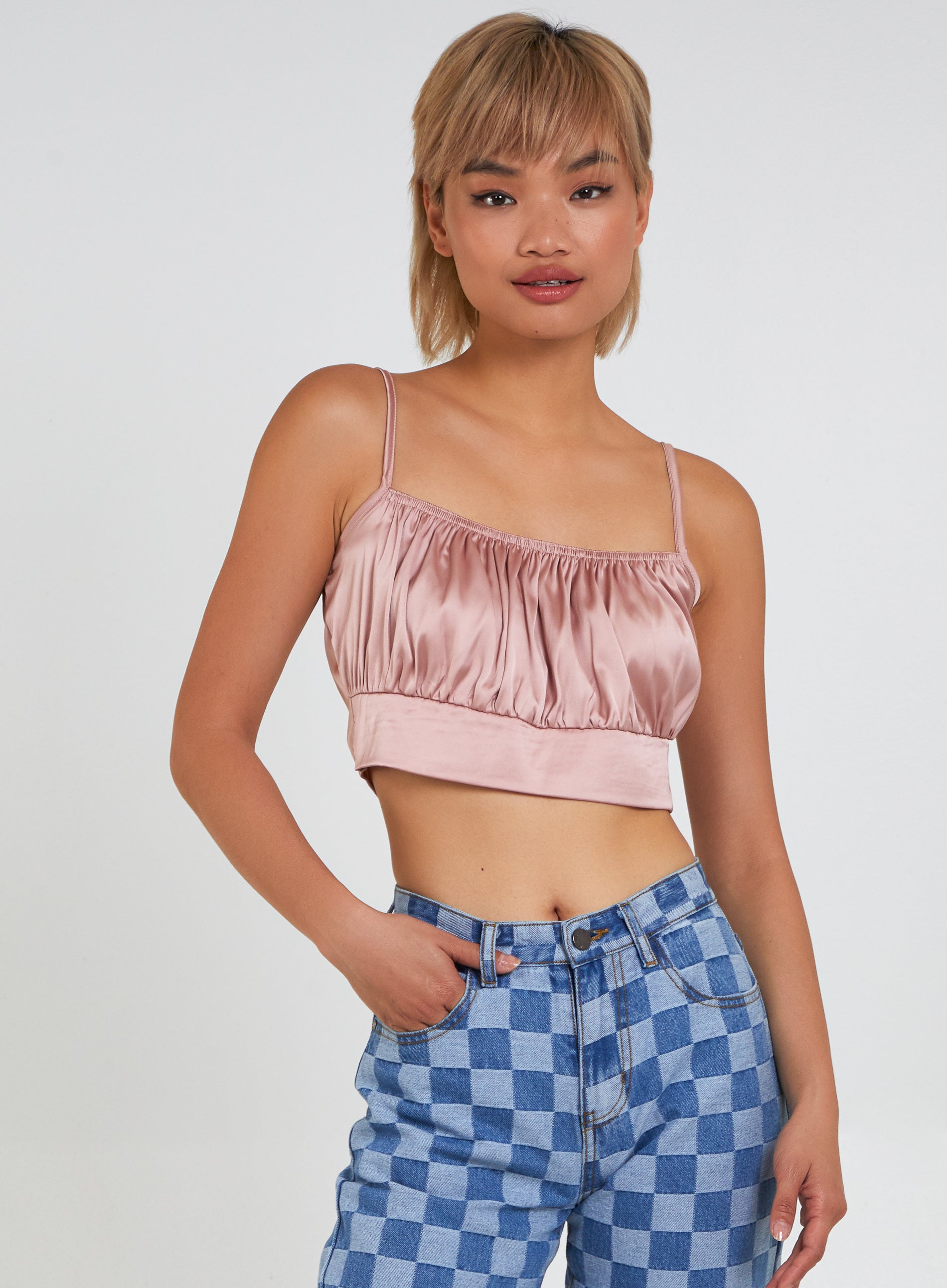 Pink Vanilla Women's Pink Satin Ruched Cami Top | Size: 10