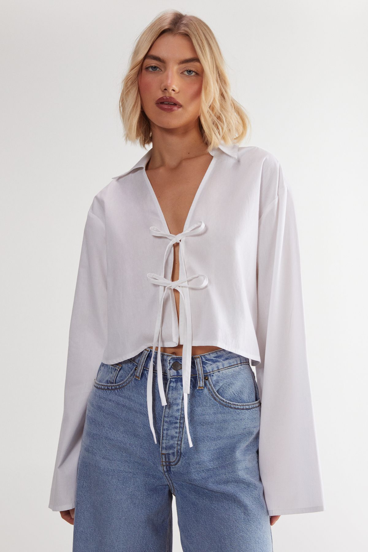 Nastygal Womens (AM) Cotton Tie Front Collared Wide Cuff Shirt - White - Size 8 UK