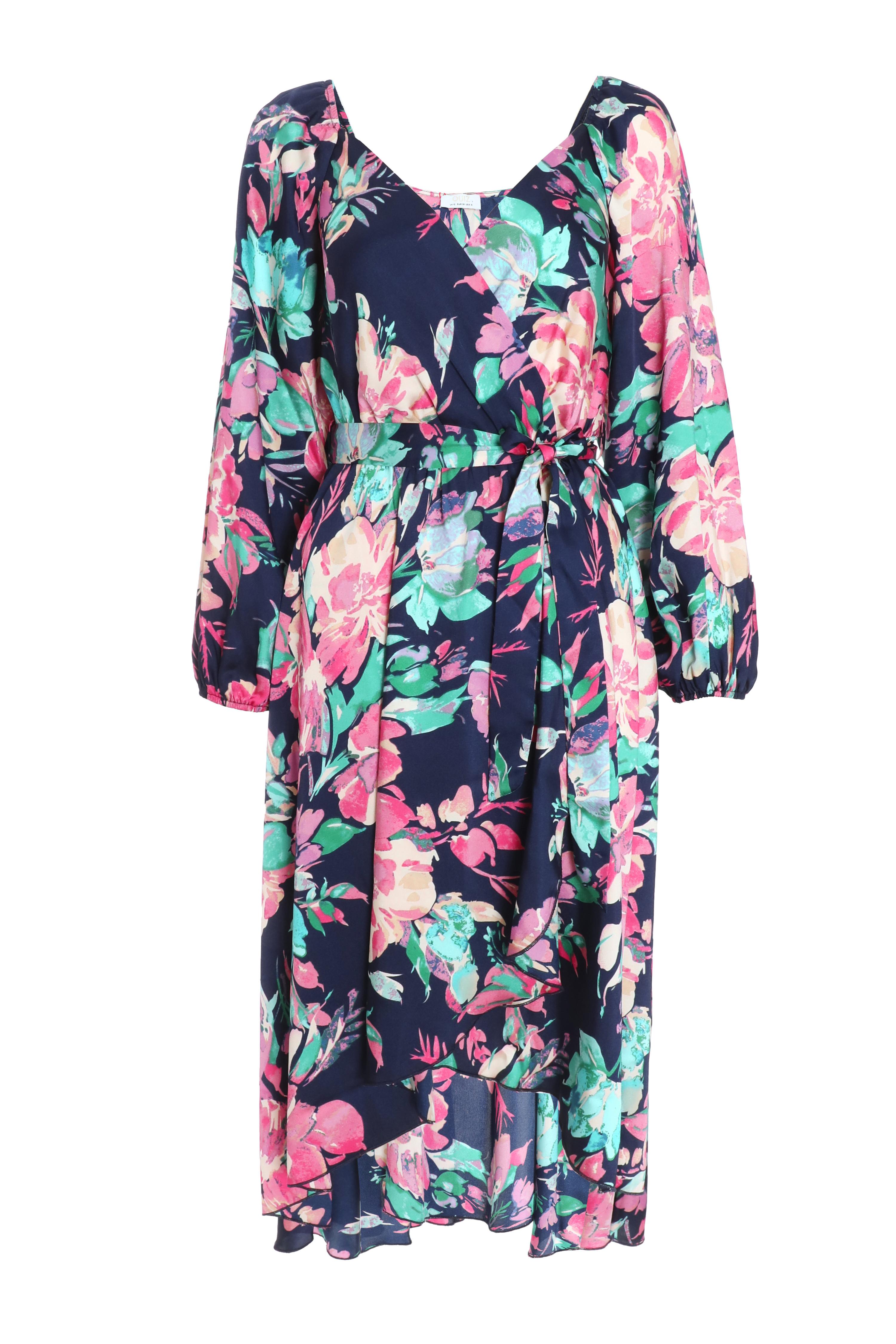 Quiz Womens Navy Satin Floral Wrap Dip Hem Midi Dress - Size 8 UK