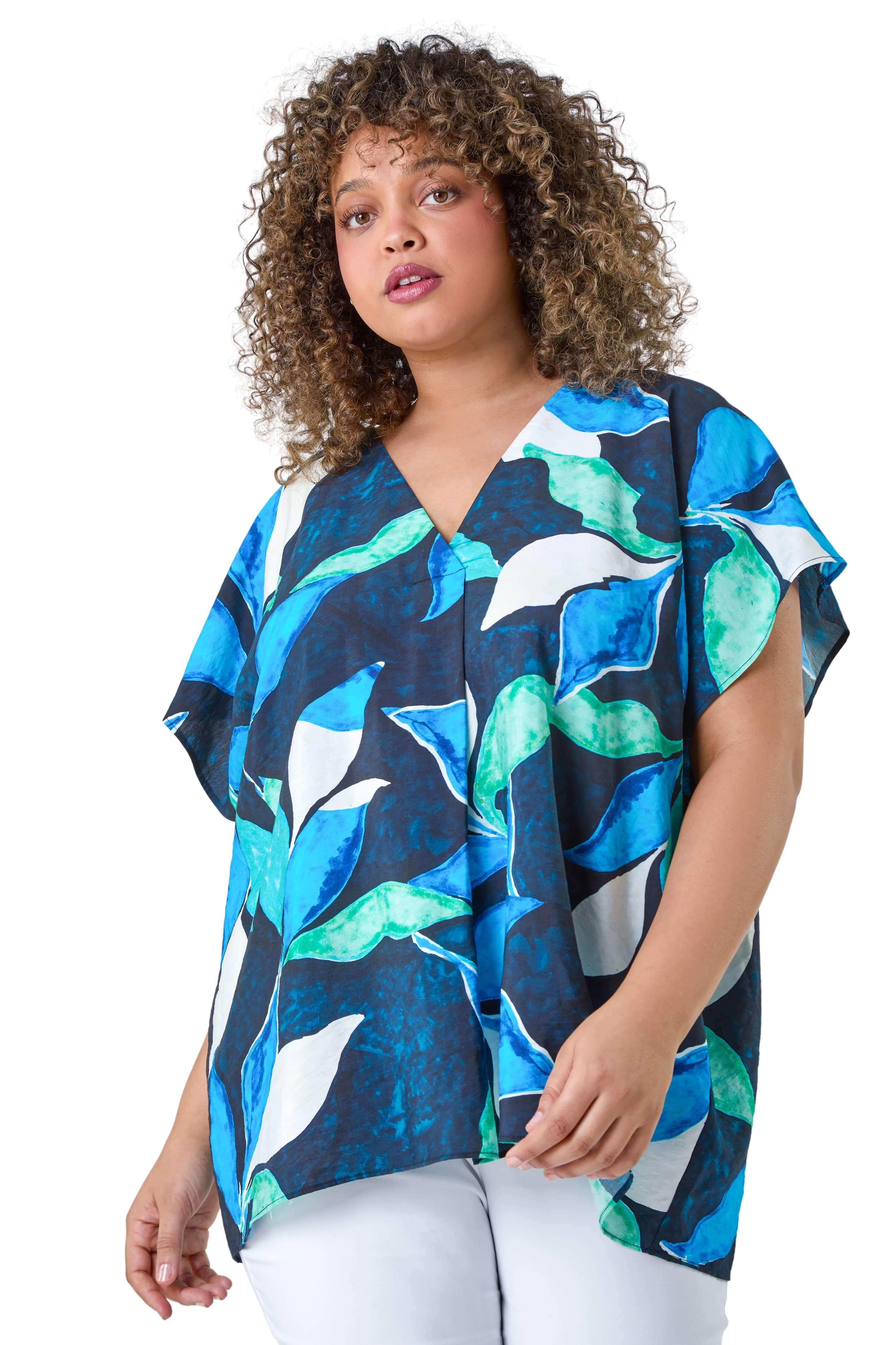 Roman Curve Womens Abstract Print V-Neck Pleat Front Top - Blue - Size 18 UK