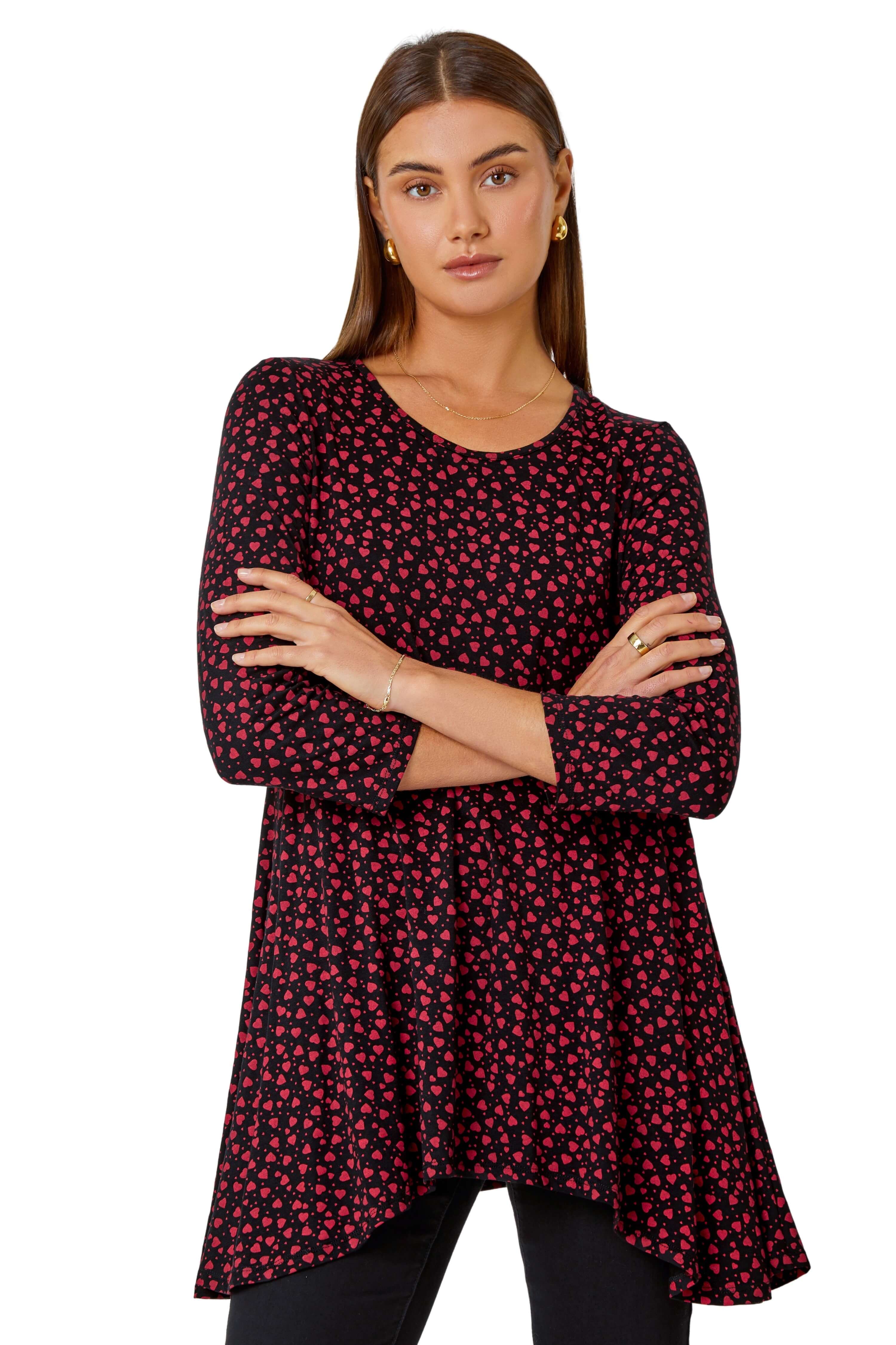 Roman Womens Ditsy Heart Stretch Hanky Hem Top - Red viscose - Size 12 UK