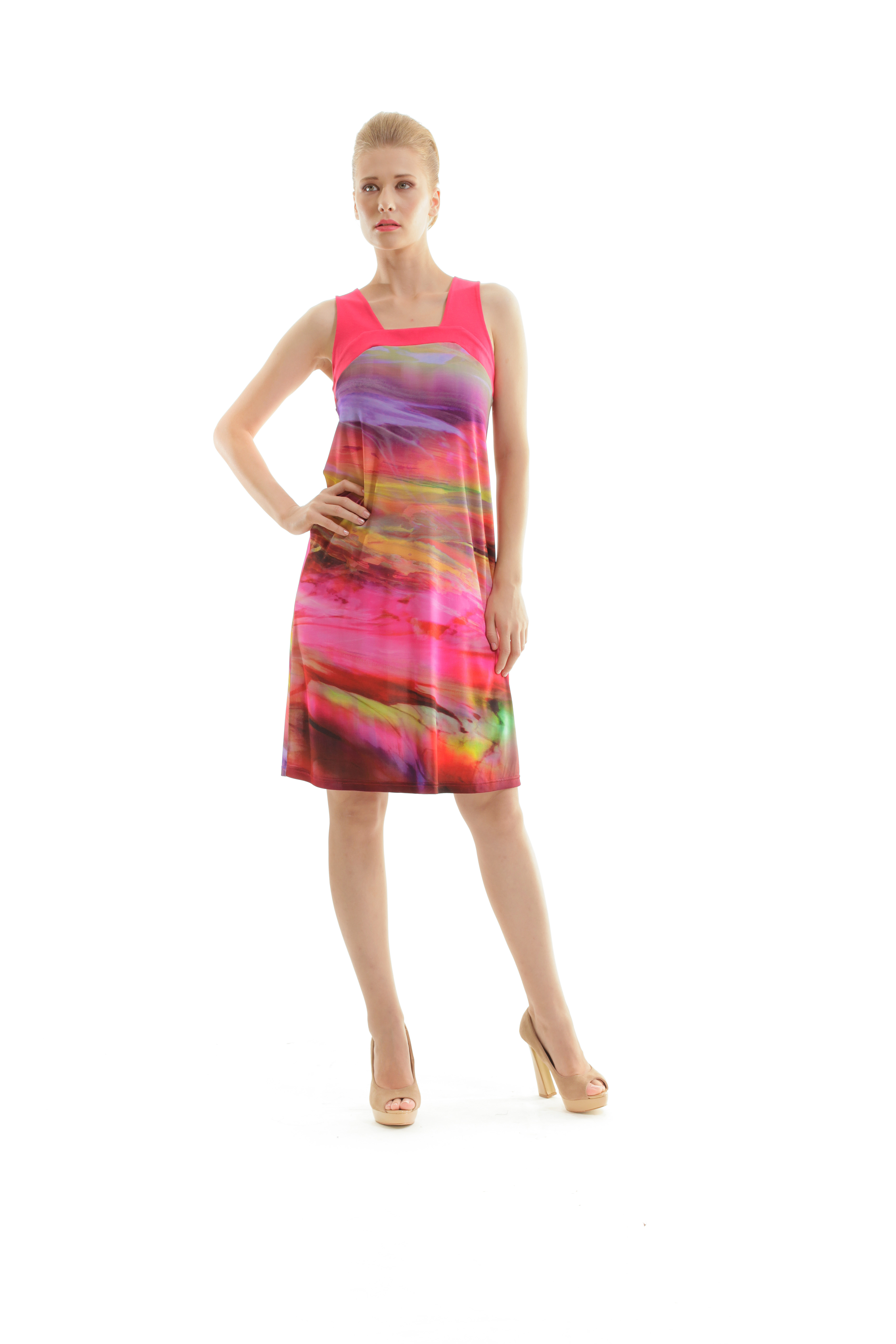 Thumbnail - Druckkleid mit quadratischem Ausschnitt