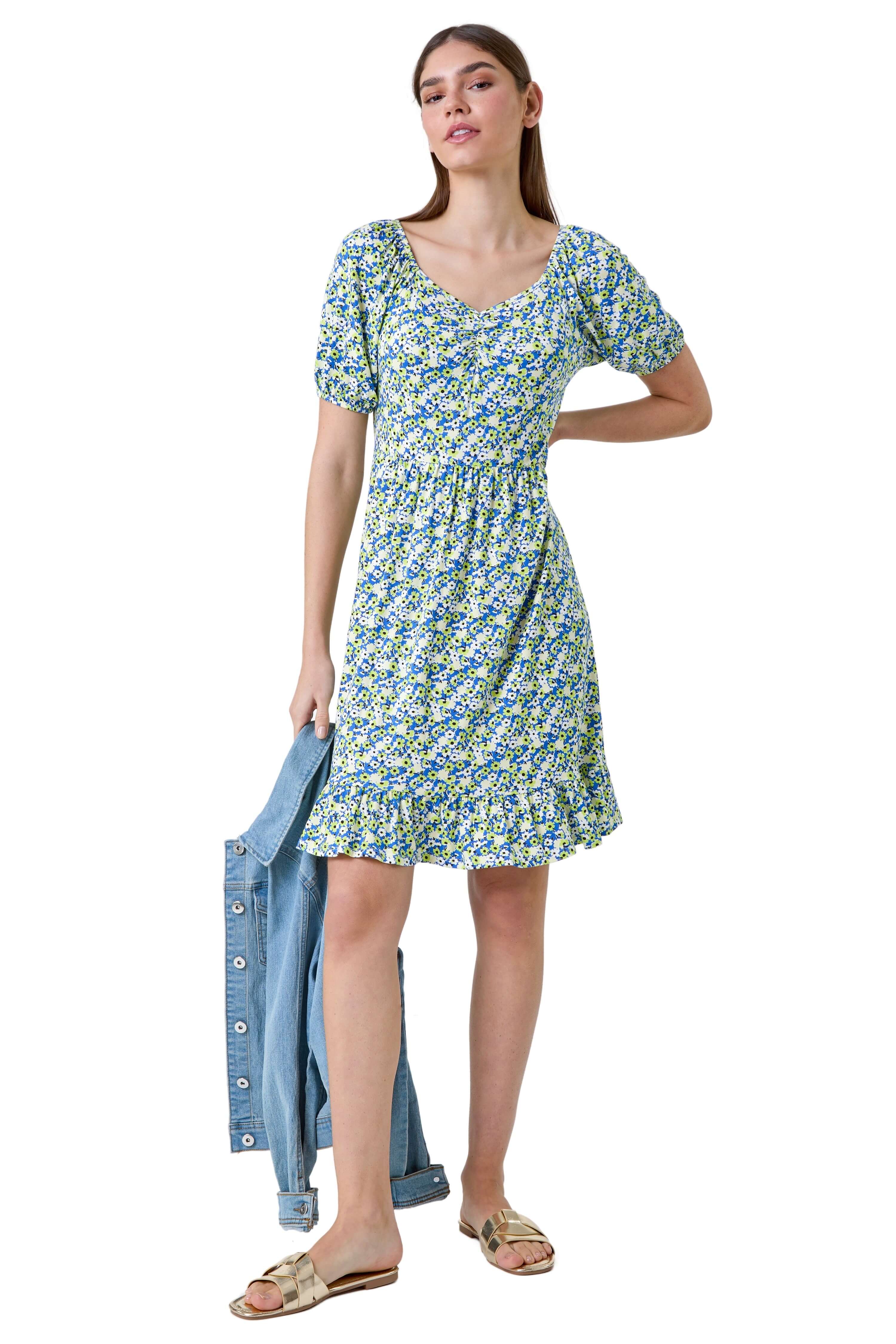 Roman Womens Ditsy Floral Ruched Frill Stretch Dress - Green Denim - Size 20 UK