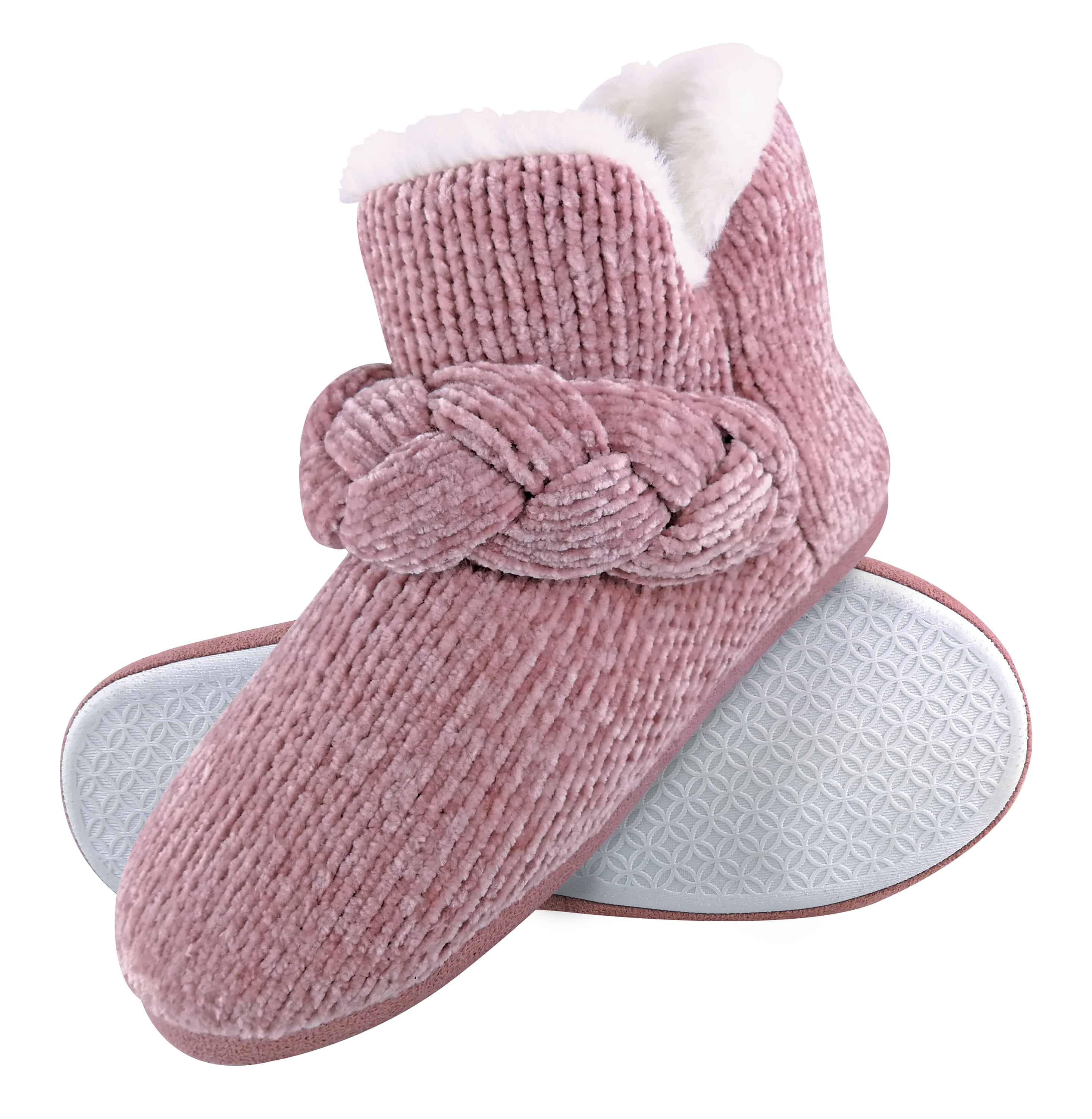 Thumbnail - Dunlop - Damen gestrickt warmen Fleece Plüsch Hausschuhe Stiefel / Stiefeletten in Grau Fairisle und Rosa Cord Styles