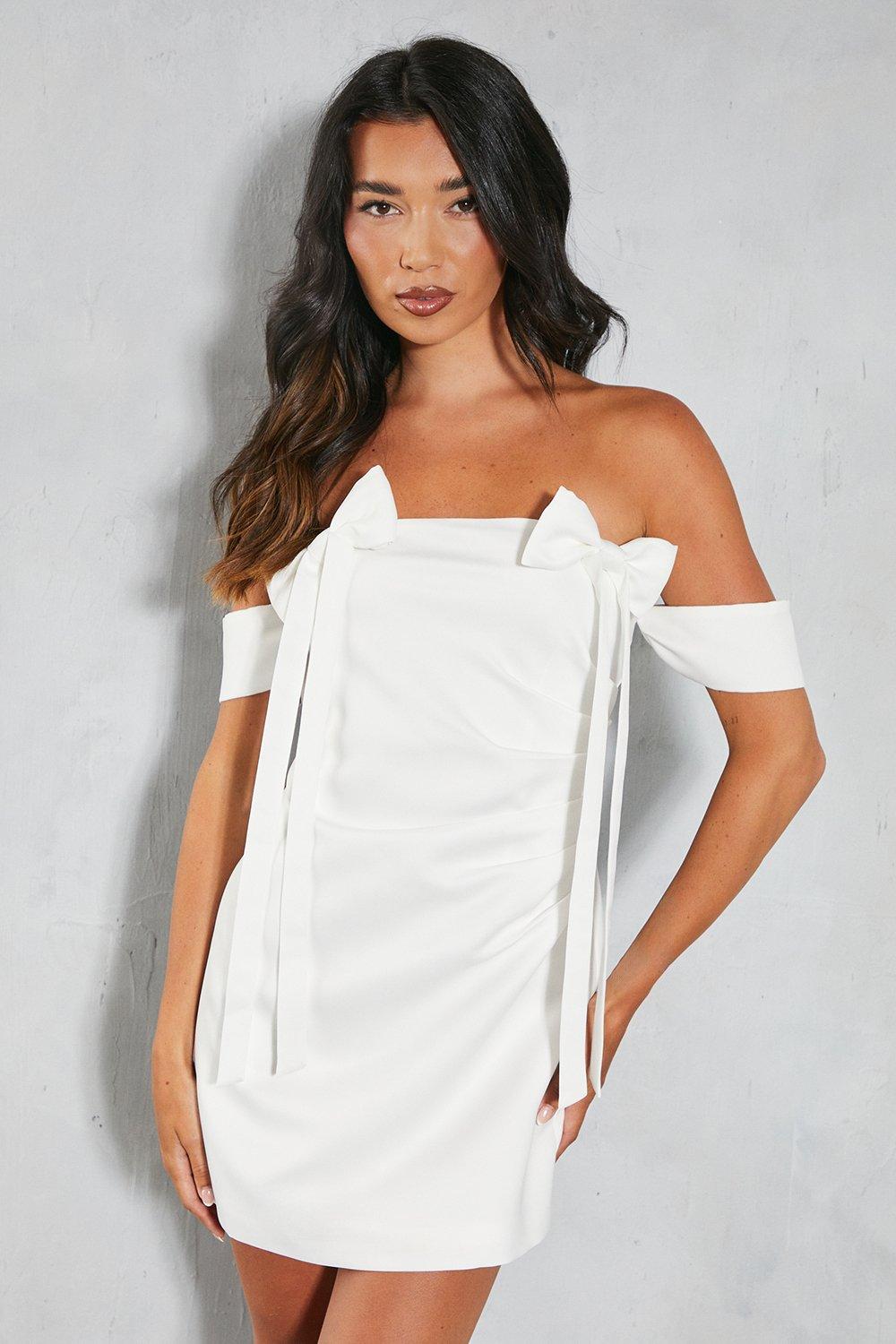 MissPap Womens Premium Satin Bardot Bow Detail Bodycon Mini Dress - Ivory - Size 10 UK