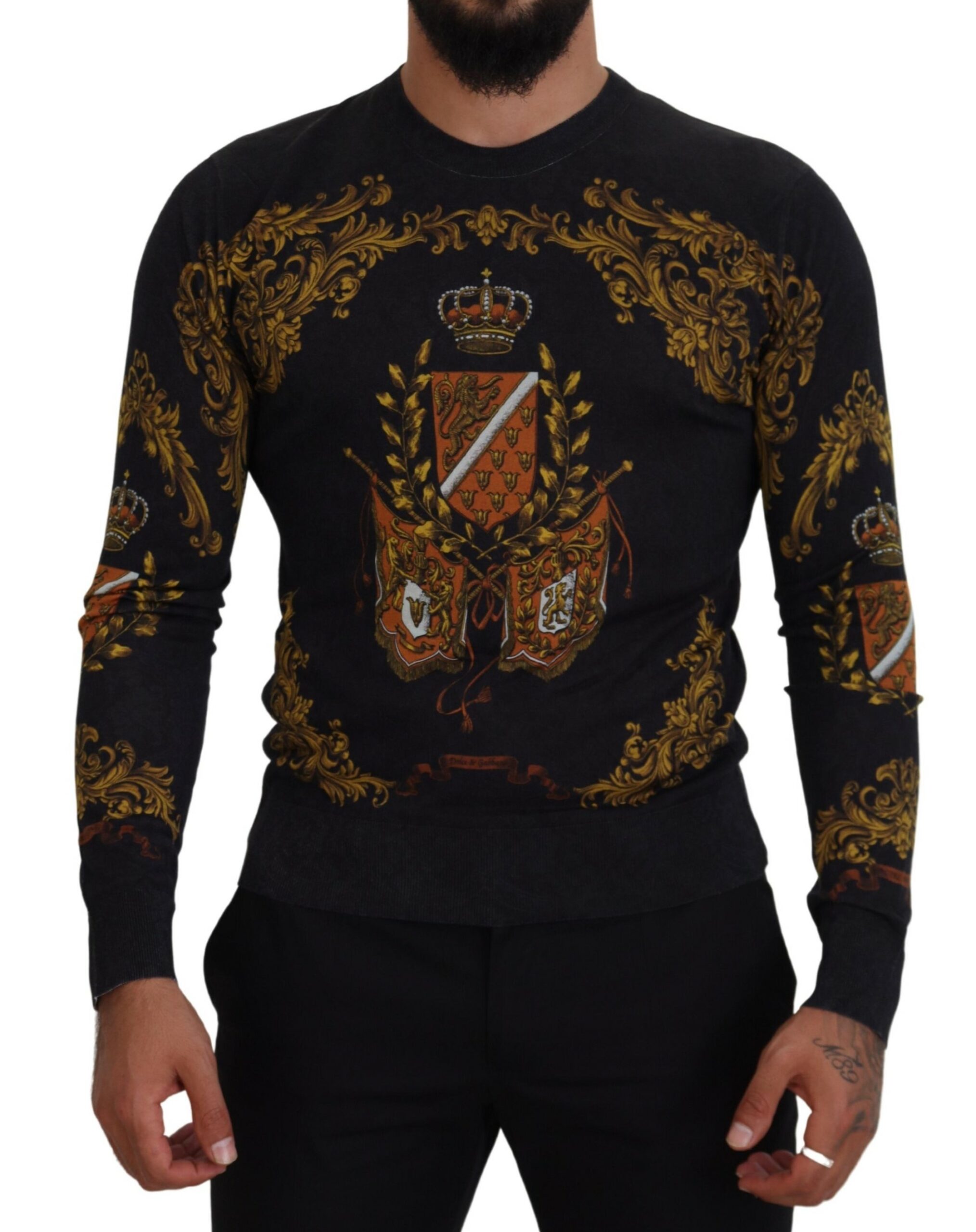 Dolce & Gabbana Grauer Seiden-Baroque-Medaille Herrenpullover